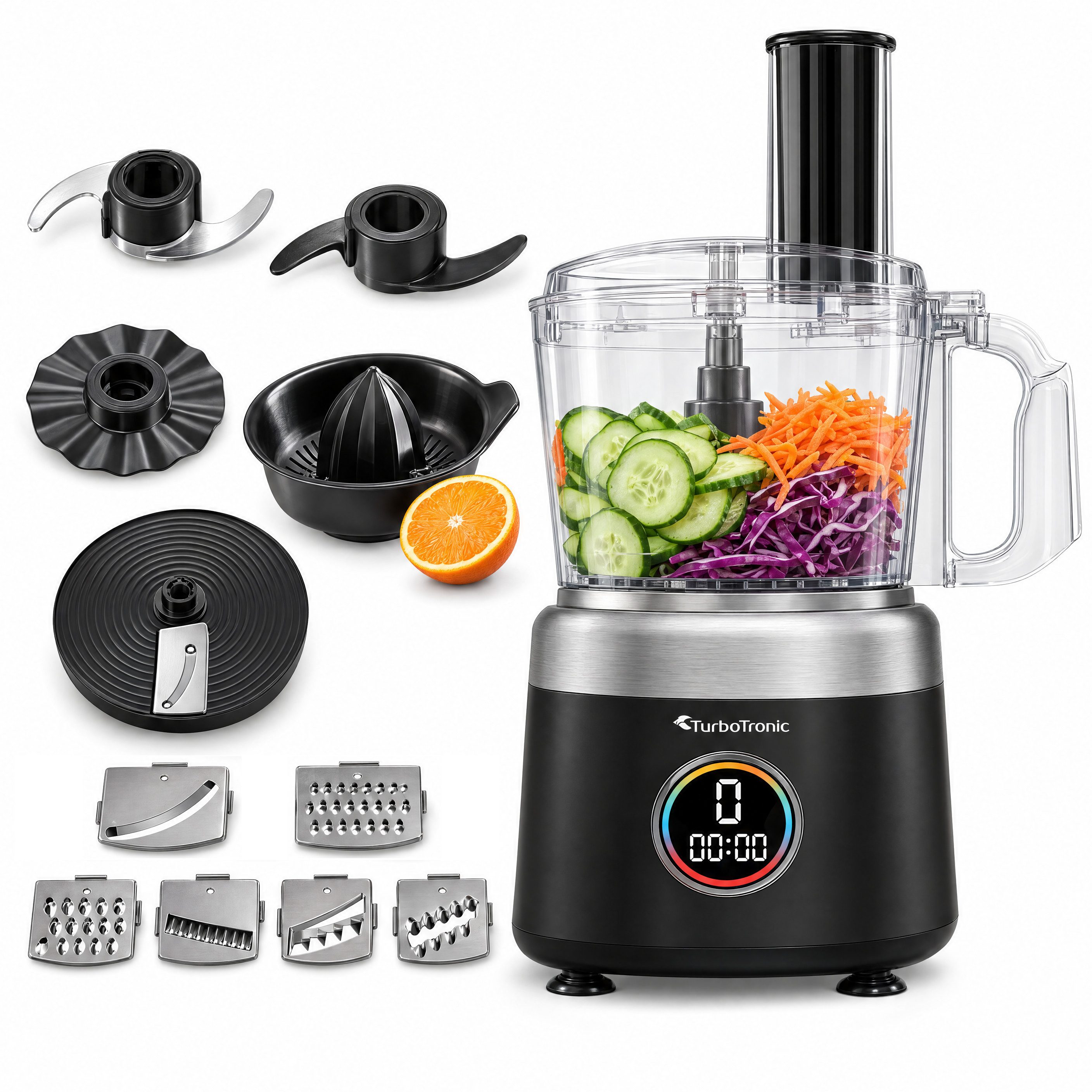 TurboTronic by Z-Line Küchenmaschine TT-FP700, 1900 W, 1.2 l Schüssel, Raspelscheiben Zitruspresse Zerkleinerer Eiscrusher Power