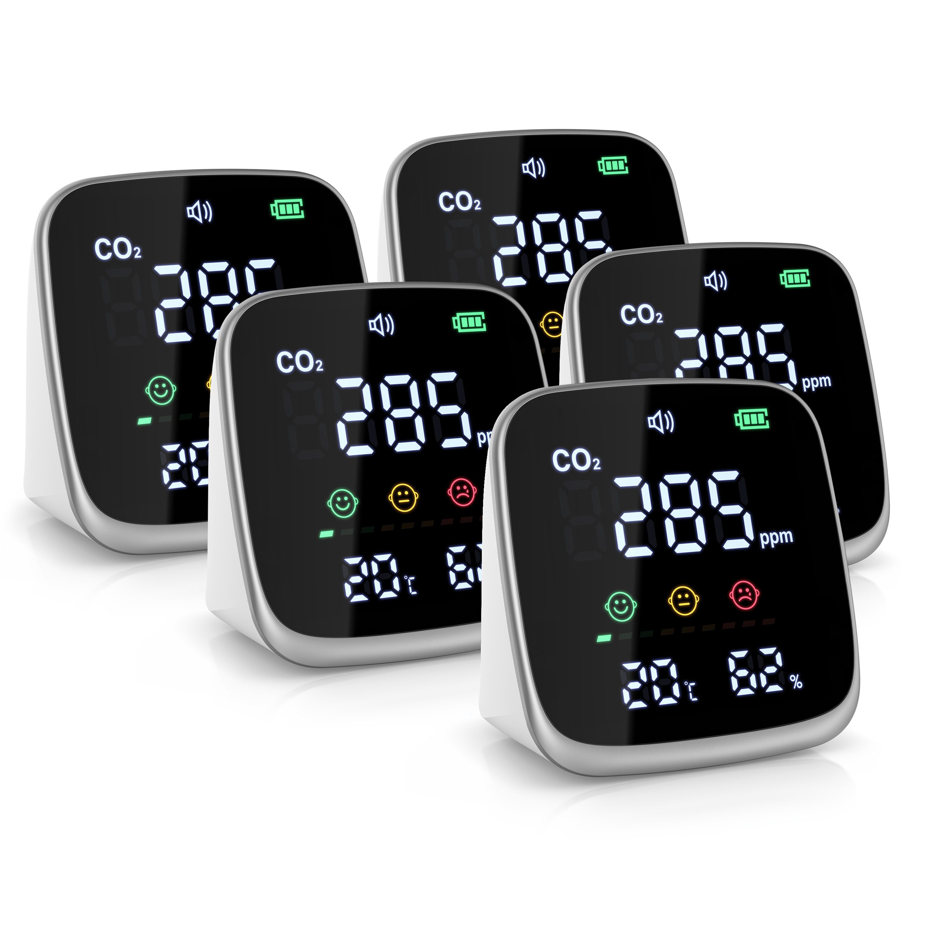 Brandson Raumluft-Qualitätssensor CO2 Messgerät im 5er Set, Akku, Temperatur und Luftfeuchtigkeit, (5-St), USB-C, 400–5000 ppm, einstellbarer Alarm und LED-Farbdisplay