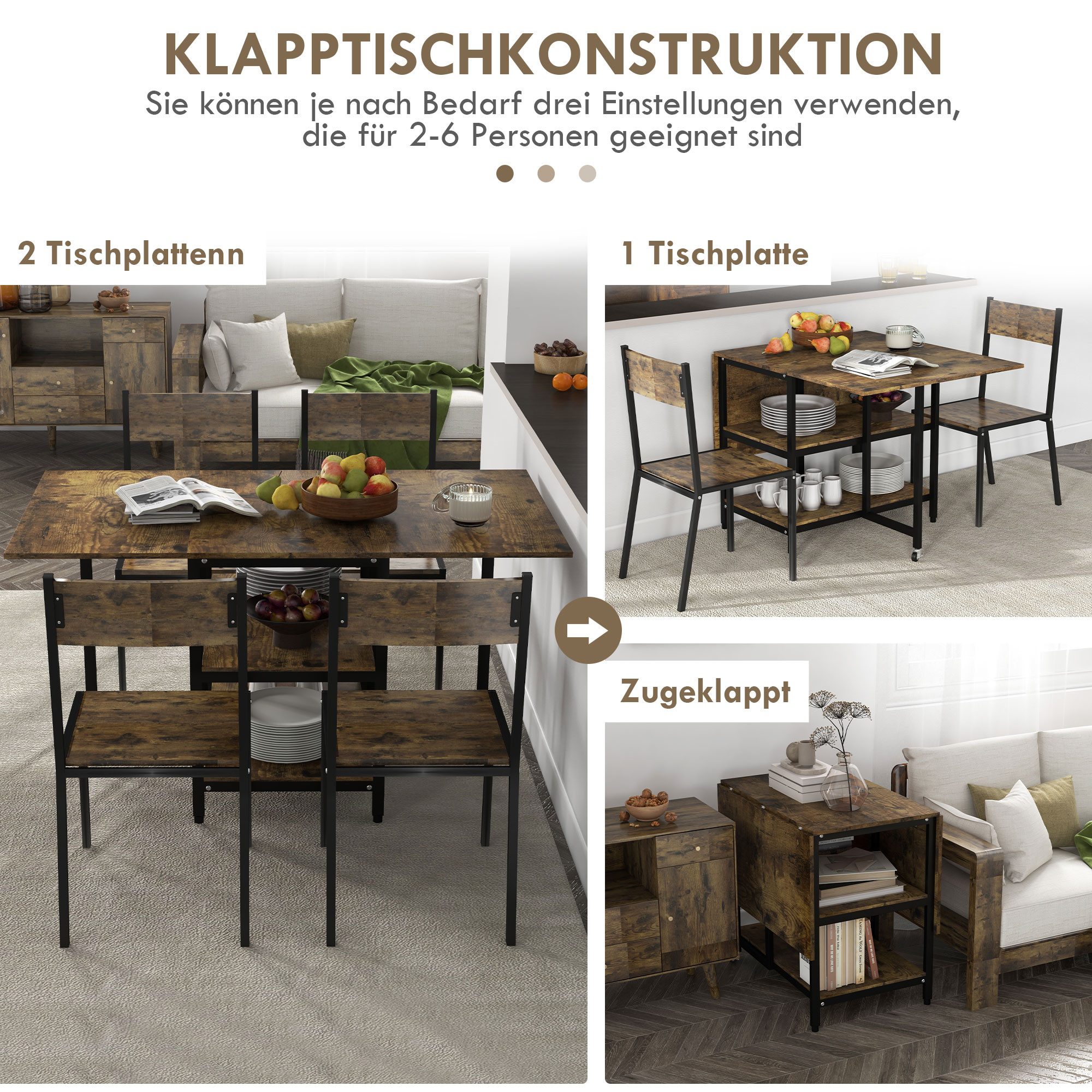 HOMCOM Klapptisch Esstisch ausziehbar klappbar rechteckig Mobiler Küchentisch (Wohnzimmertisch, 1-St., Esszimmertisch), Rustikal-Braun 140 x 80 x 75 cm – Bild 4 von 5