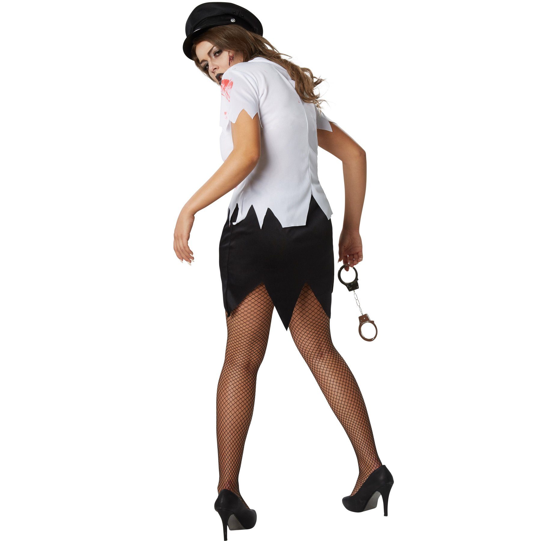 dressforfun Kostüm Polizistin/Wachfrau, in schwarz/weiß, Gr. M, Kurzer Rock mit, Inkl. feiner Netzstrumpfhose, Blutspritzer auf dem gesamten Kostüm