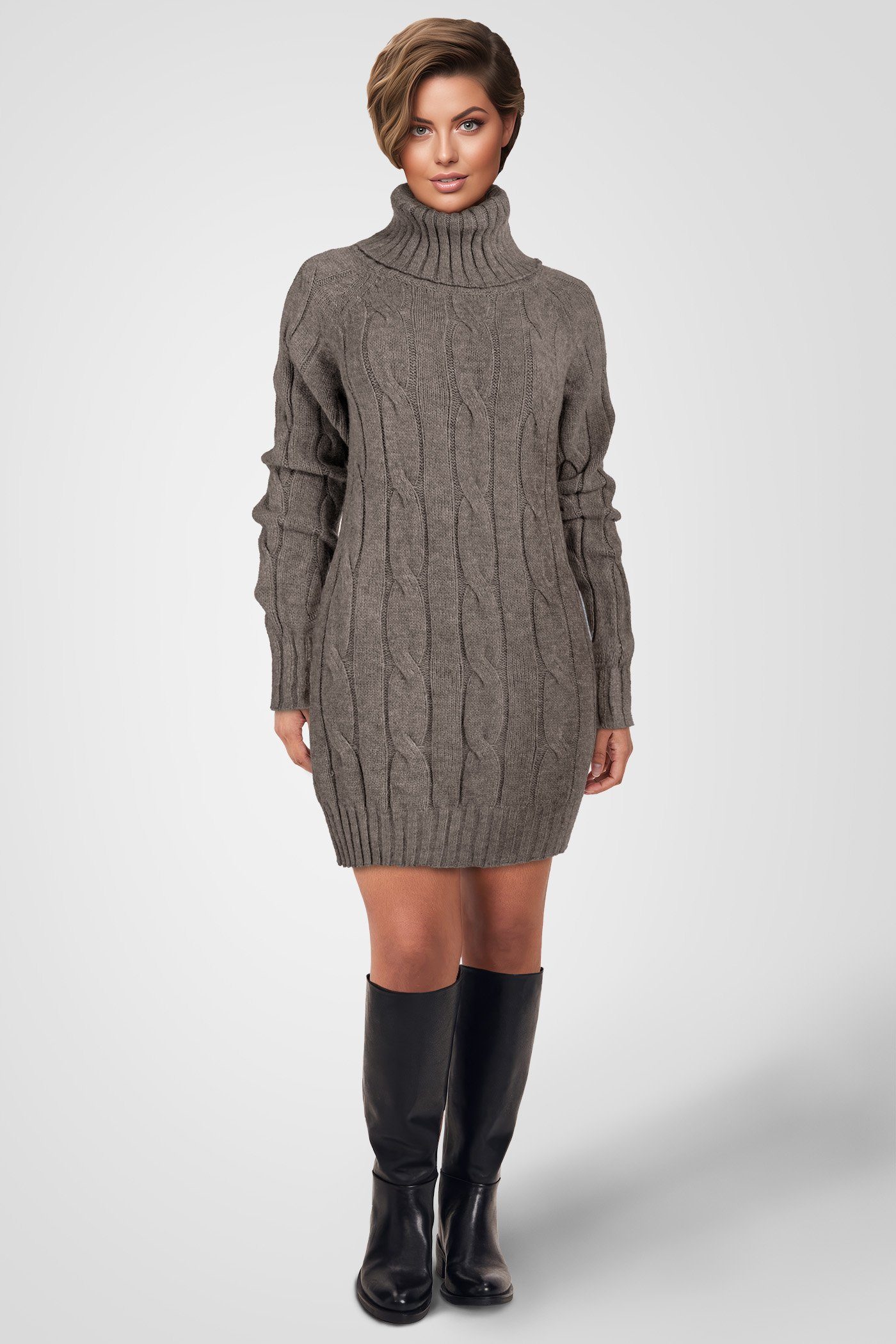 Strickkleid Damen - Rollkragen Mit Zopfmuster | Lange Ärmel Winterkleid | Elegant Für Büro & Freizeit