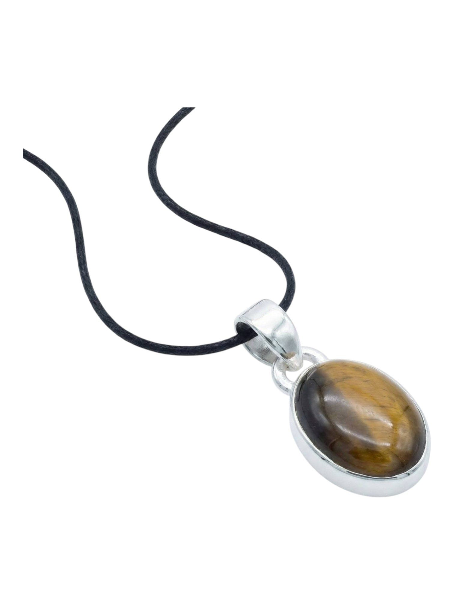 mantraroma Kettenanhänger SAMA oval aus 925 Silber mit Tigerauge (Kettenanhänger am Baumwollband im Schmuckbeutel), 925 Sterling Silber Kettenanhänger für Damen