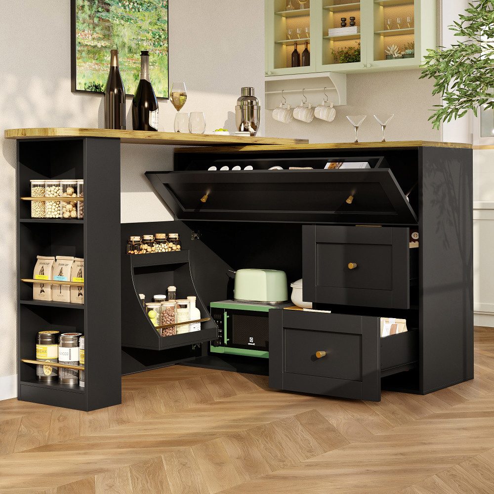 BBWL Bartisch Ausziehbarer Bartisch mit Stauraum aus MDF und Metall, teleskopischer Hochtisch als Kücheninsel, Sideboard mit Snackregal