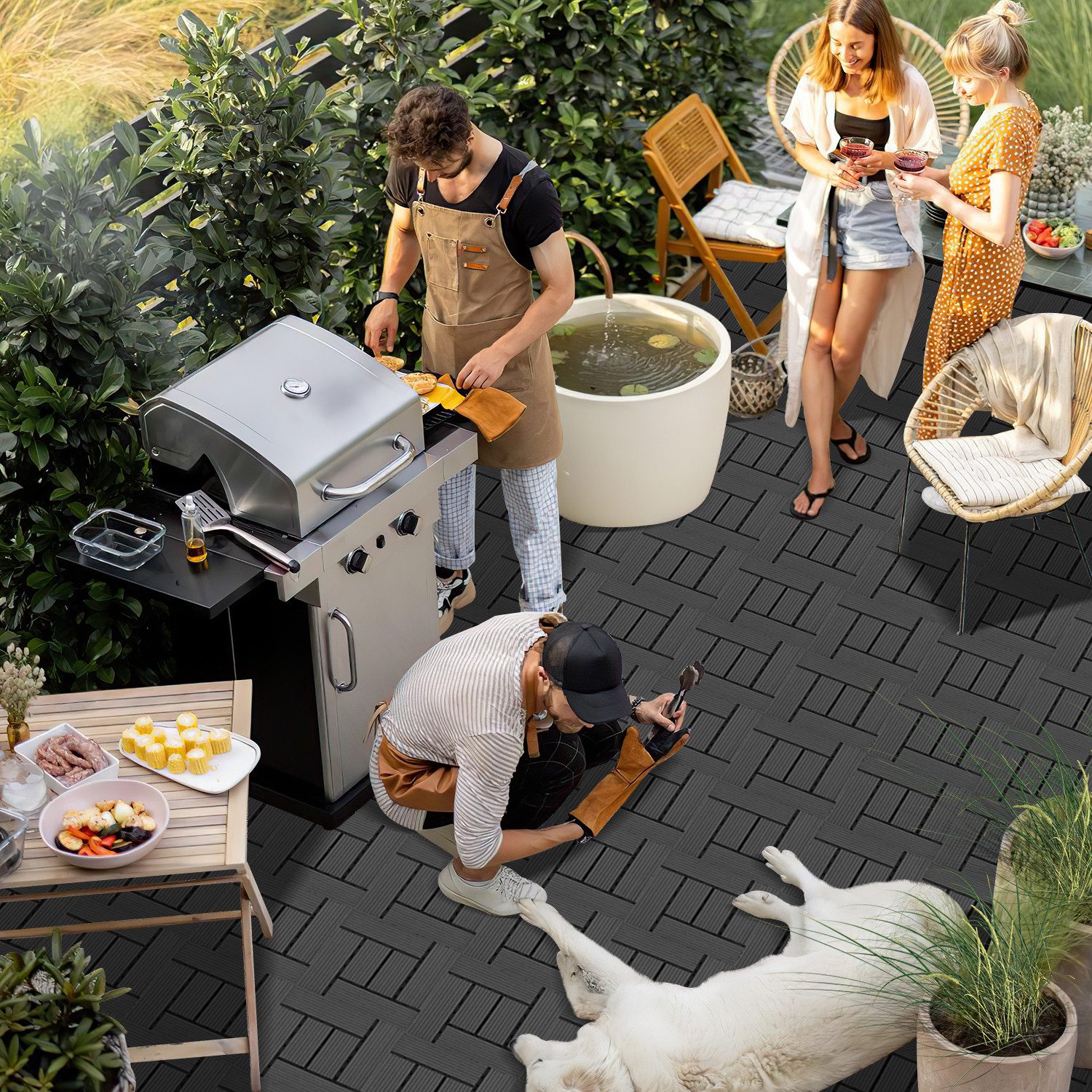 Clanmacy Holzfliesen Terrassenplatte Balkonfliesen mit Drainage und Klicksystem für Garten, 11 St., Größe: 30x30cm (LxB), Farbe: Anthrazit/Braun