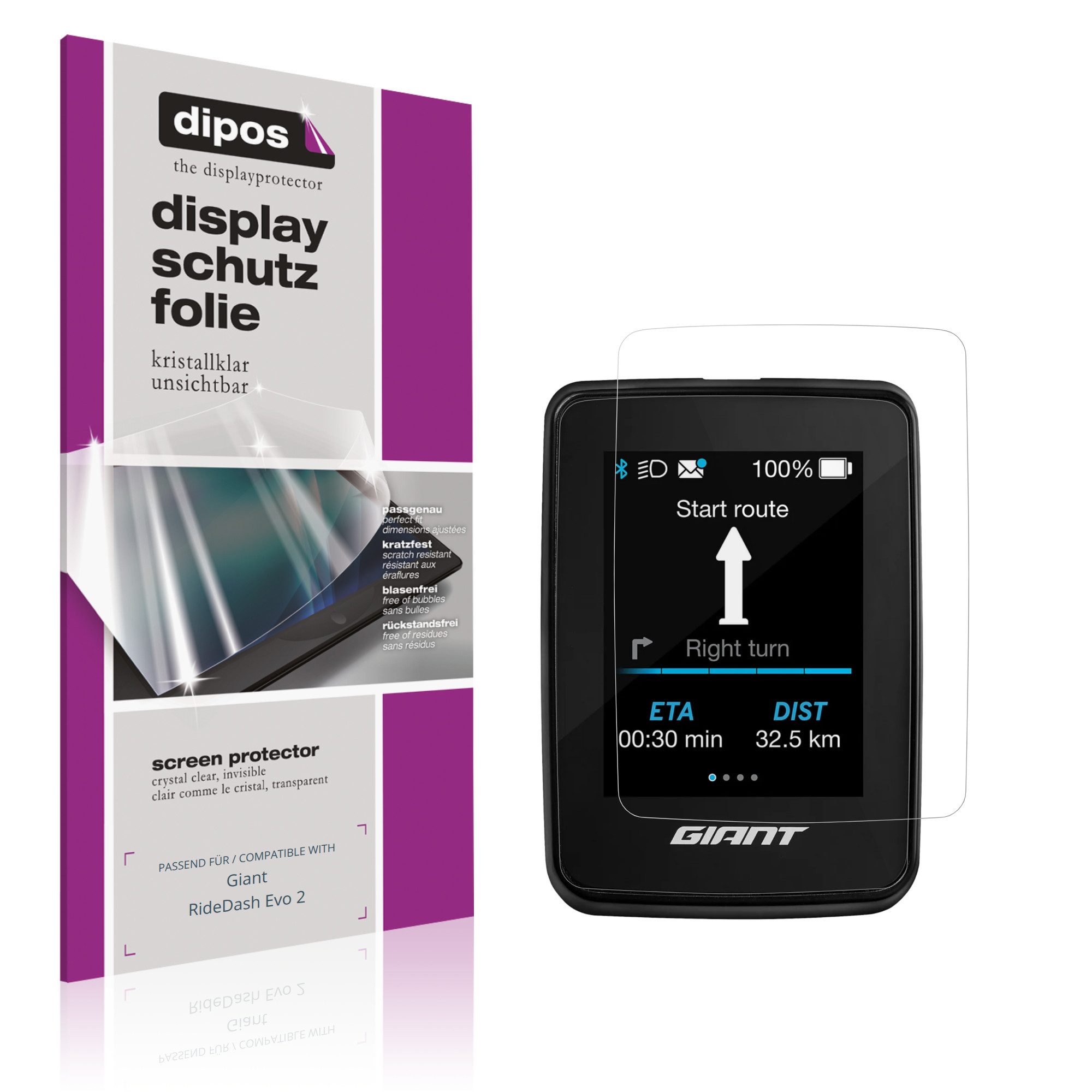 dipos Displayschutzfolie Schutzfolie für Giant RideDash Evo 2, 4 Stück, Displayschutz Schutz Folie Made in Germany