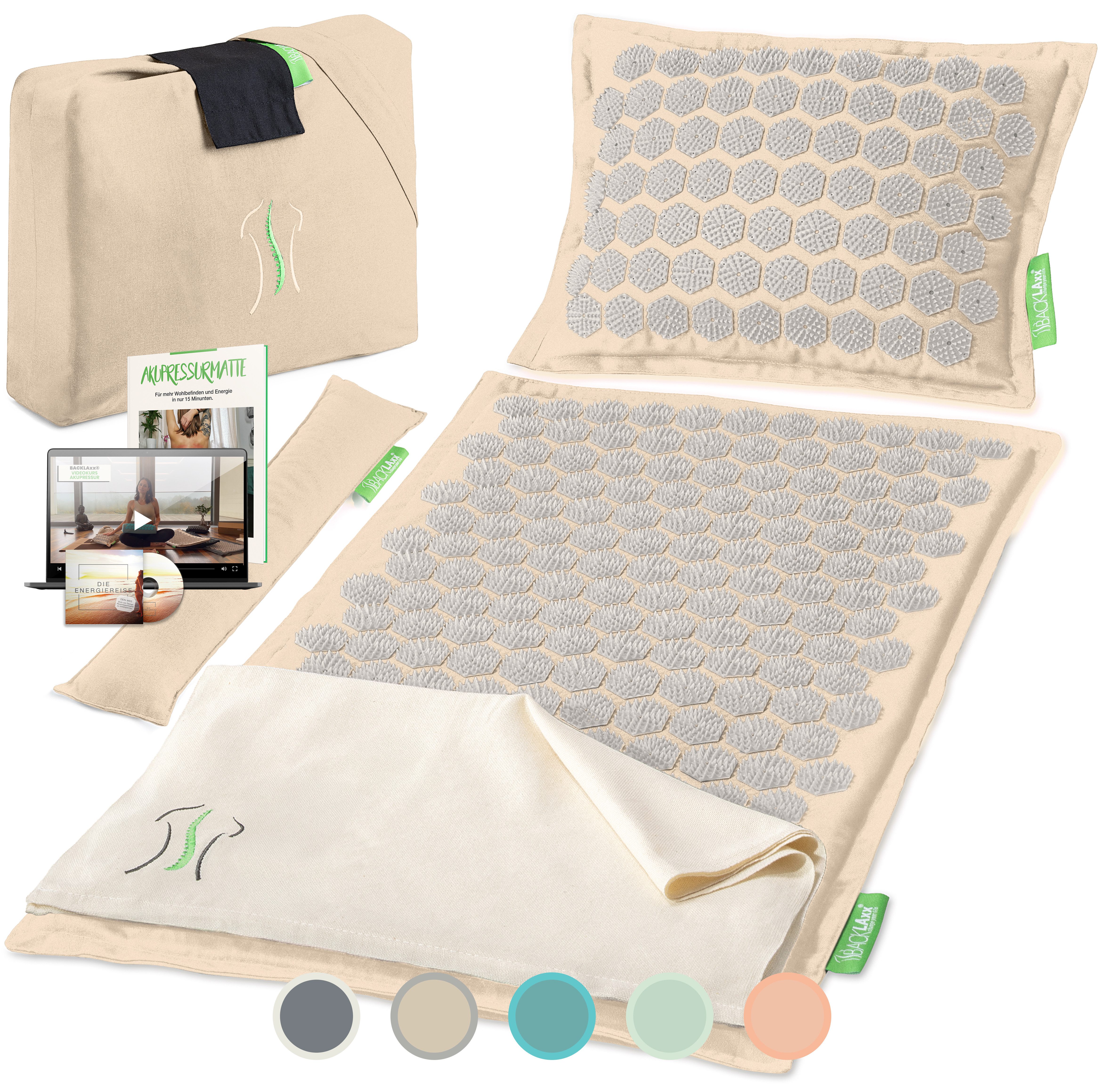 BACKLAxx® Akupressurmatte Set "Original" - Akupunkturmatte mit Stacheln (5-tlg. Akupressur Set, inkl. Akupressurmatte - & Kissen, Lendenkissen, Tragetasche & Tuch), Matte mit 9.600 Spitzen, Kissen mit 3.168 Spitzen