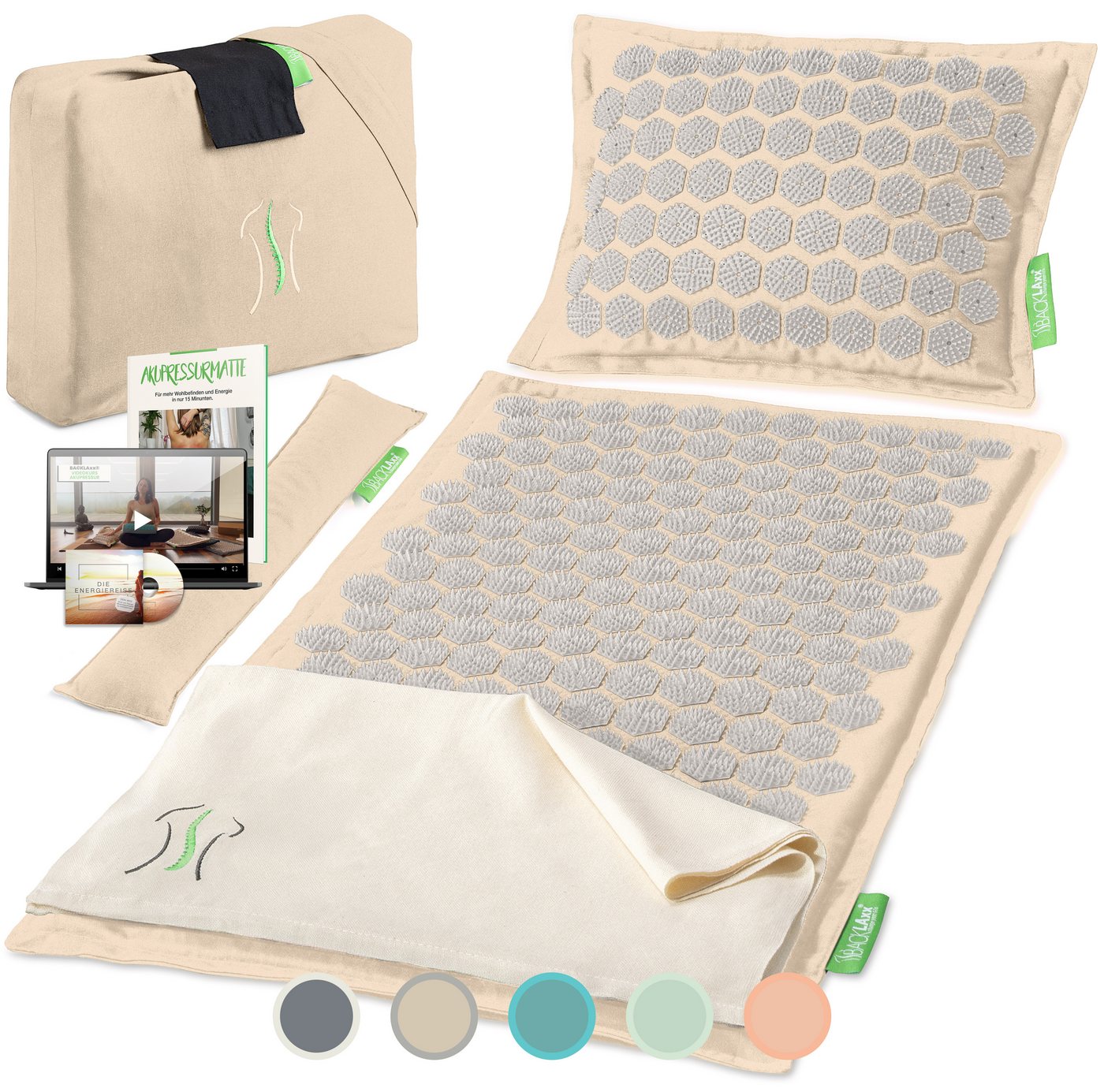 BACKLAxx® Akupressurmatte Set "Original" - Akupunkturmatte mit Stacheln (5-tlg. Akupressur Set, inkl. Akupressurmatte - & Kissen, Lendenkissen, Tragetasche & Tuch), Matte mit 9.600 Spitzen, Kissen mit 3.168 Spitzen