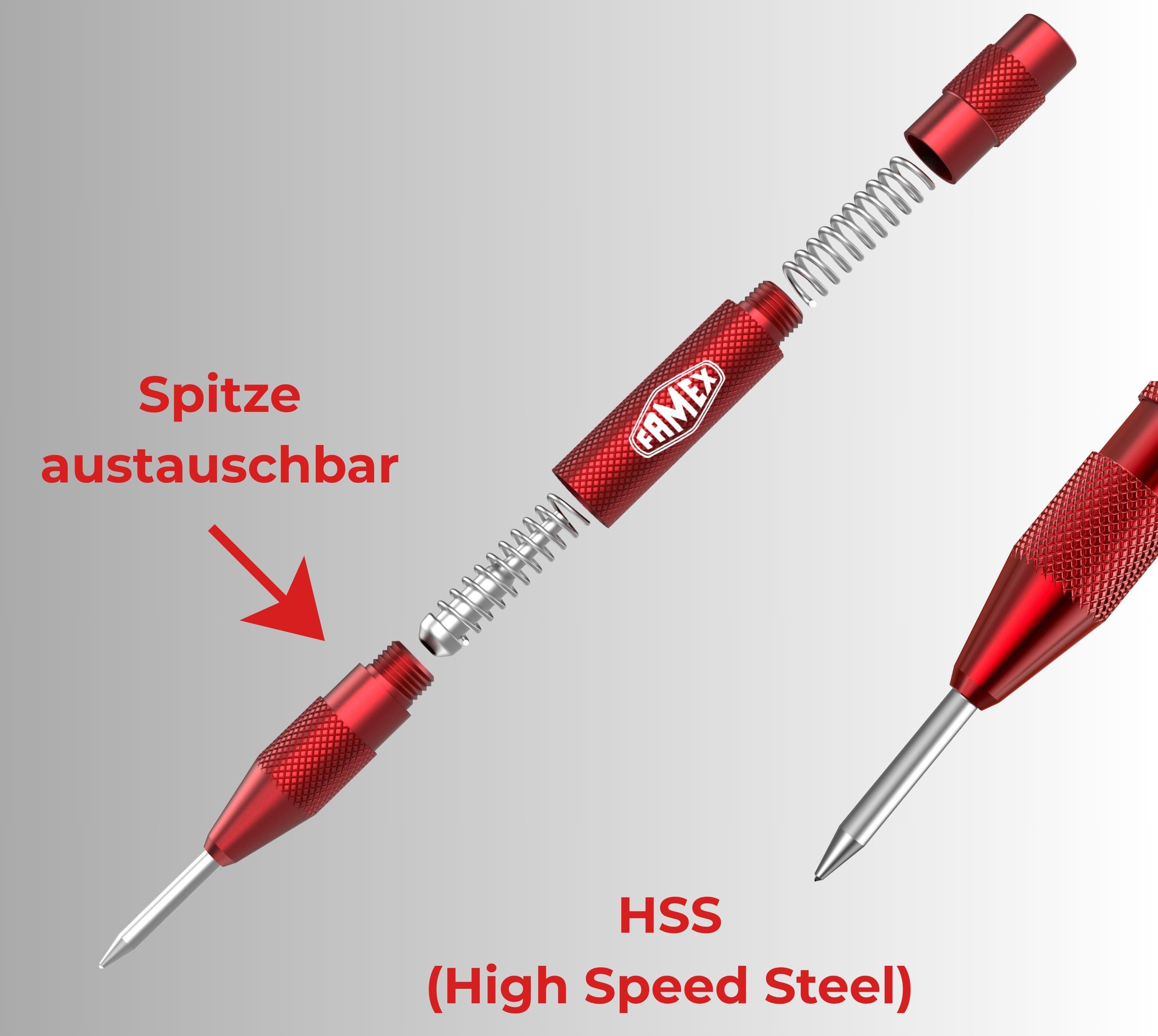 FAMEX Spatmeißel 8242 Automatik Körner, (schwere Ausführung, Ersatzspitze, 1-tlg., TOP-Qualität) HSS Stahl, einstellbar 50–100 N