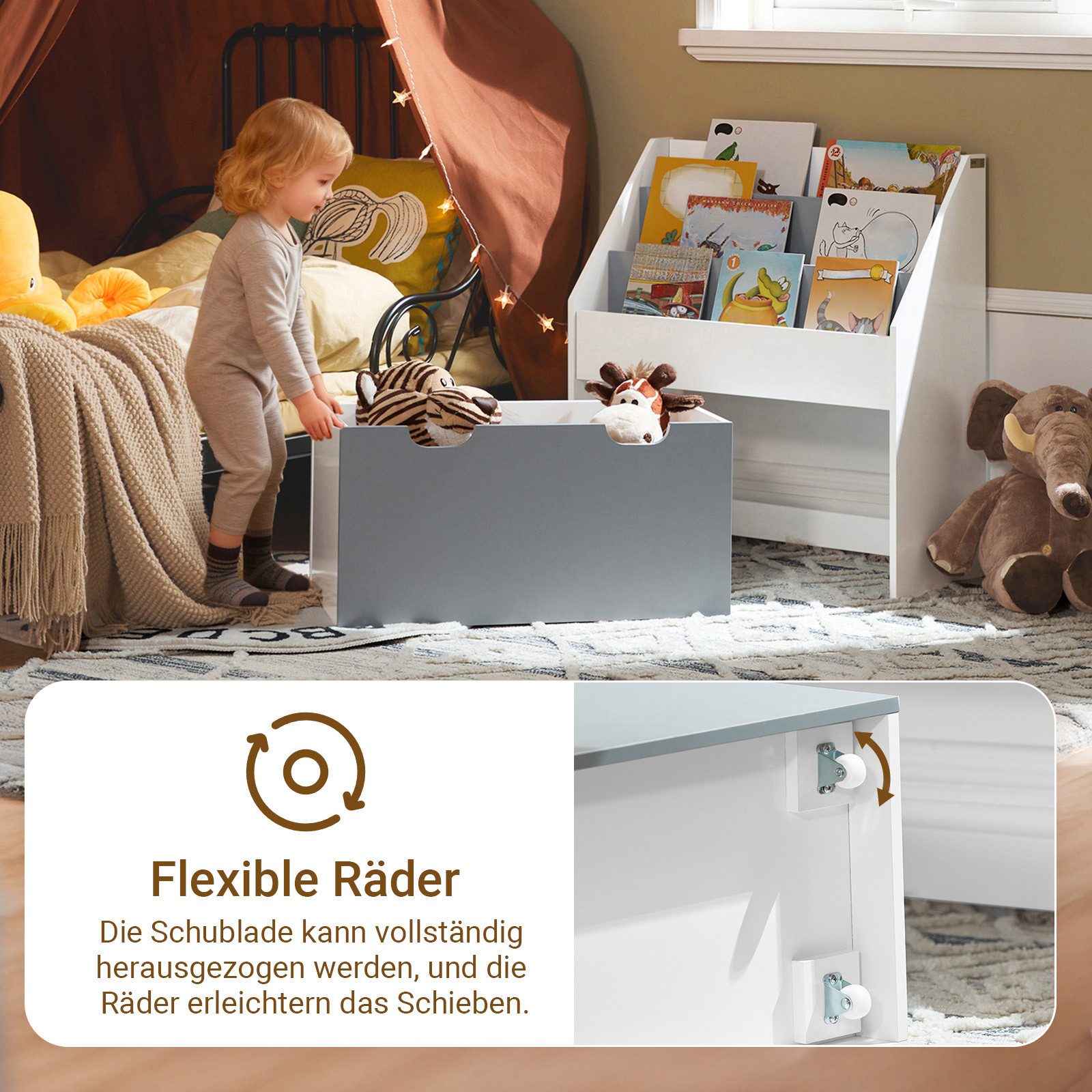 SoBuy Bücherregal KMB17, Kinderregal Aufbewahrungsregal, Kinderzimmer Möbel, mit 3/4 Ablagefächern und einer herausnehmbaren Spielzeugtruhe