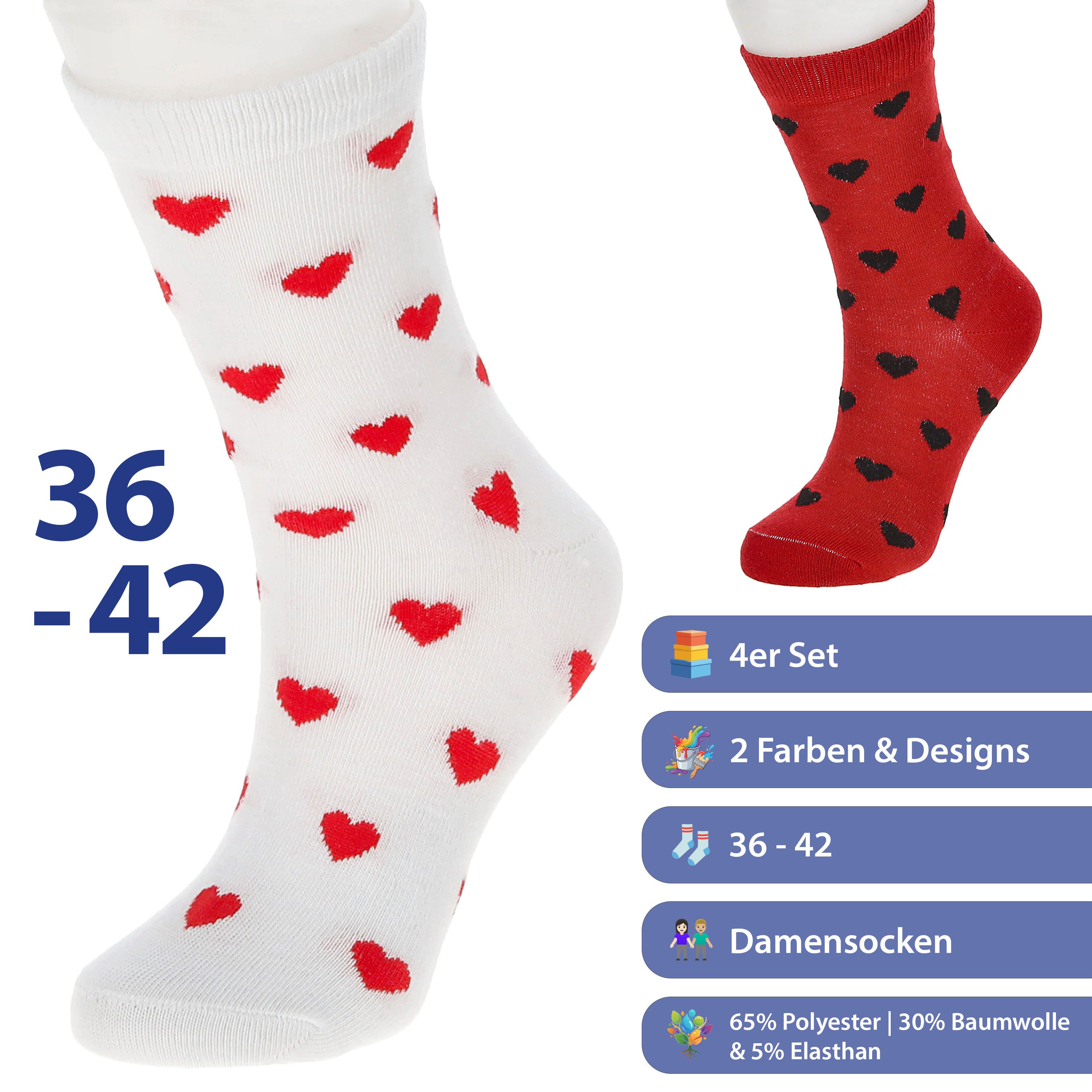 CEPEWA Socken Damensocken Herz 4er Pack 36-42 rot weiß Polyester Baumwolle Elasthan