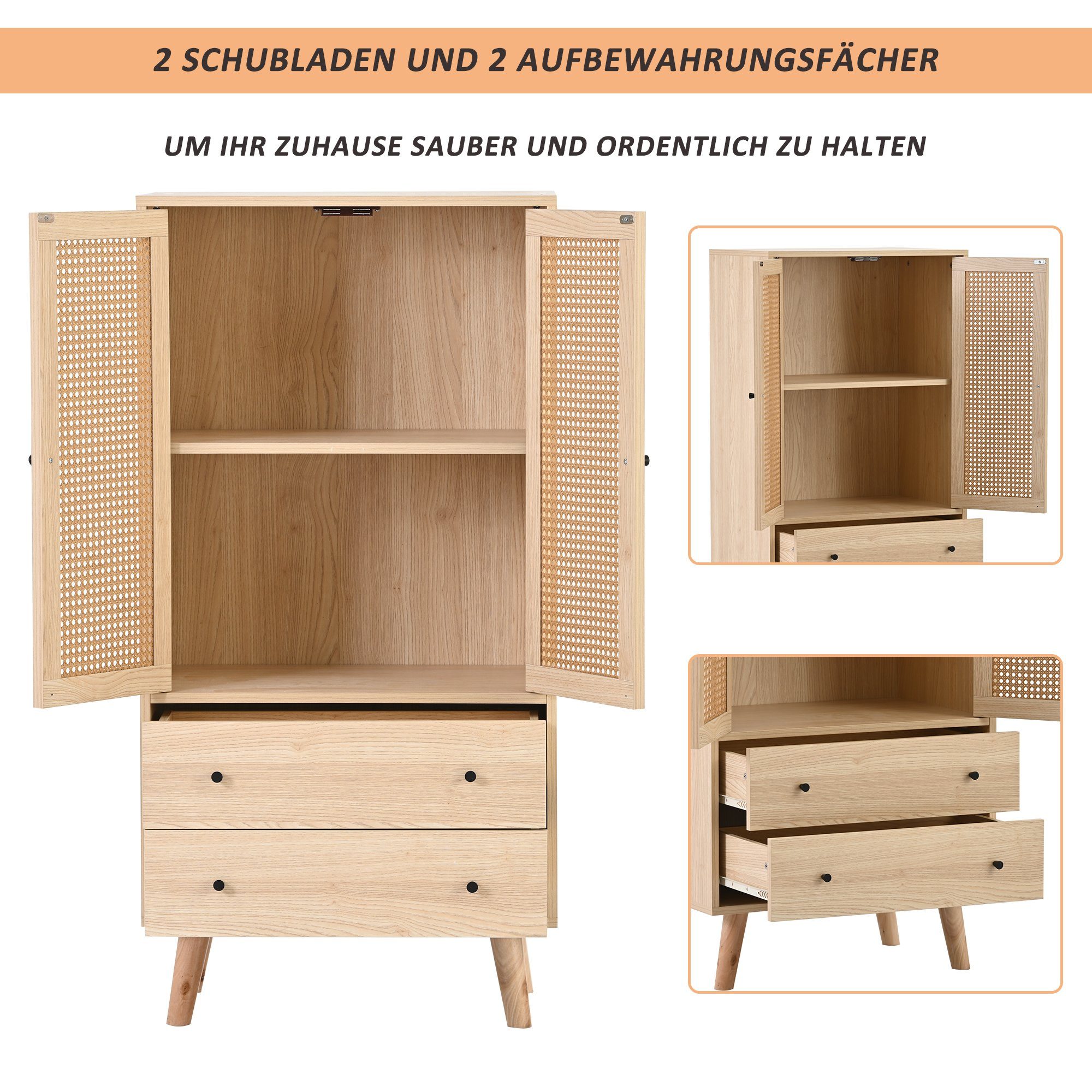 Merax Highboard mit 2 Türen mit Rattan-Geflecht und 2 Schubladen, Sideboard Holz,Kommode,B/H/T:60/120/40cm – Bild 5 von 5