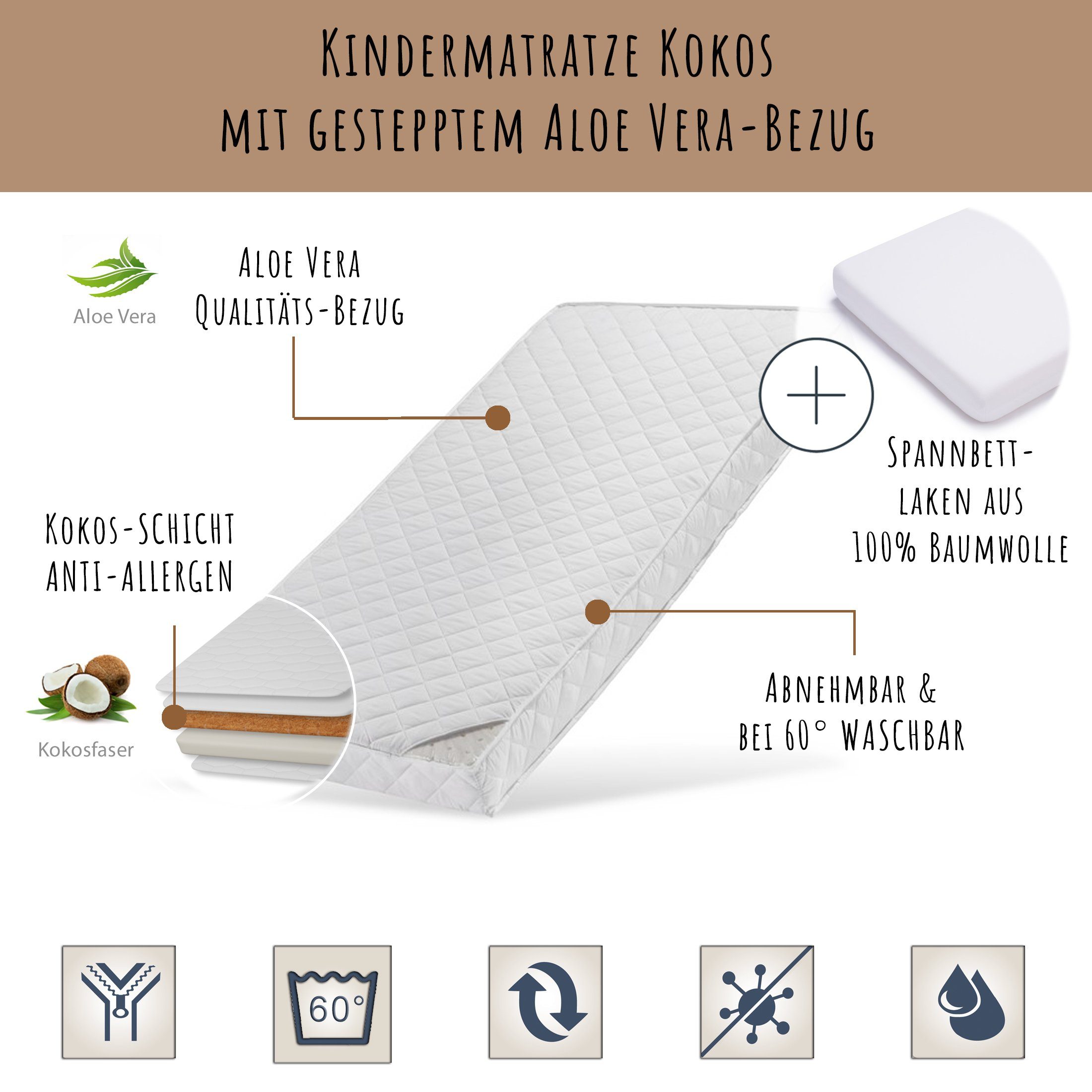 Kindermatratze KOKOS mit gestepptem Aloe Vera-Bezug, Kids Collective, 10 cm günstig online kaufen
