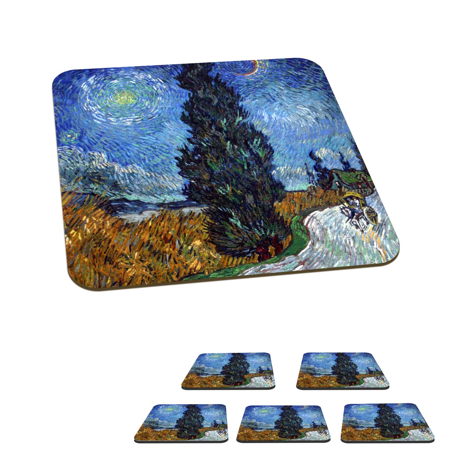 für Glasuntersetzer Straße Tasse Stern Gemälde Gläser, Tischuntersetzer, Zypresse Glasuntersetzer, und - mit von Untersetzer, van Korkuntersetzer, Zubehör 6-tlg., Vincent Gogh, MuchoWow