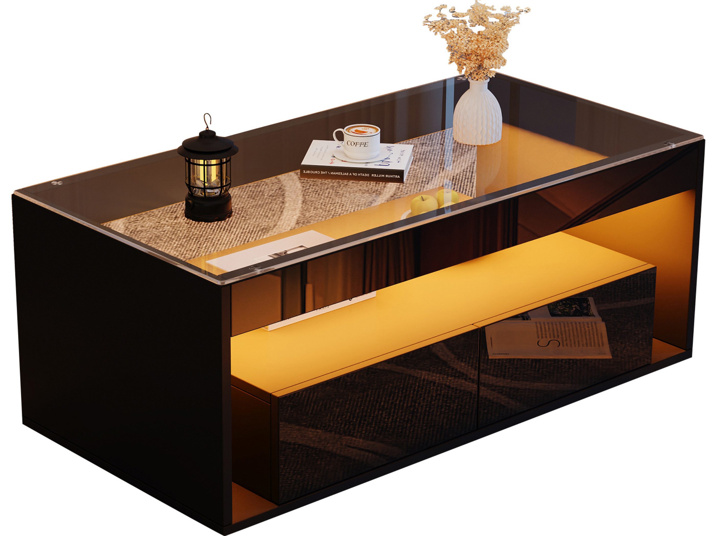 SeedWave Couchtisch Moderner Doppelstöckiger Stubentisch mit LED-Beleuchtung, Glasplatte, Mit 2 Schubladen, 1 Ablagefläche, 16 Farben und 4 Glitzer-Effekten