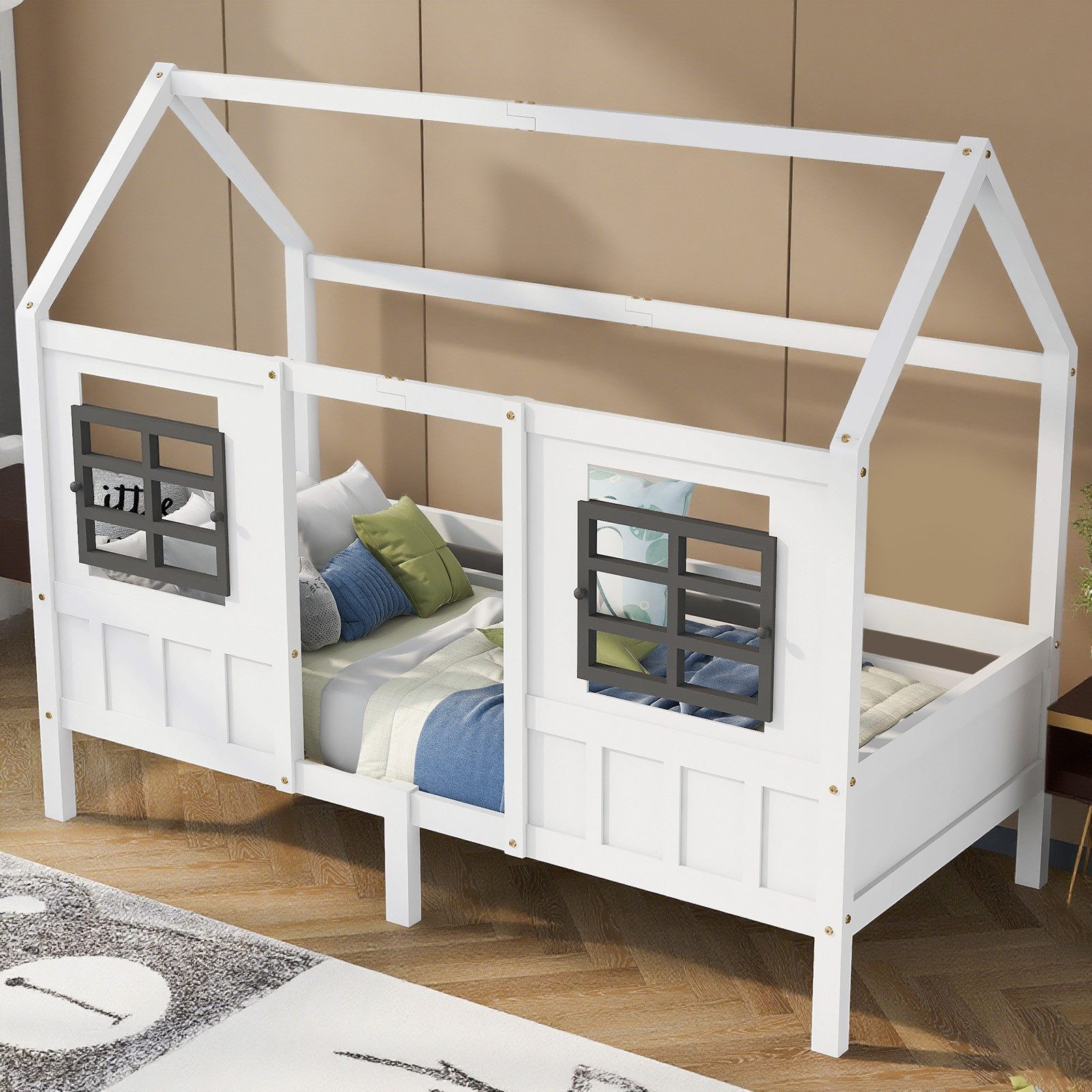 MODFU Bett mit Fenstern für Kinder (Holzbett aus Kiefer und MDF, Einzelbett 90x200 cm), Ohne Matratze