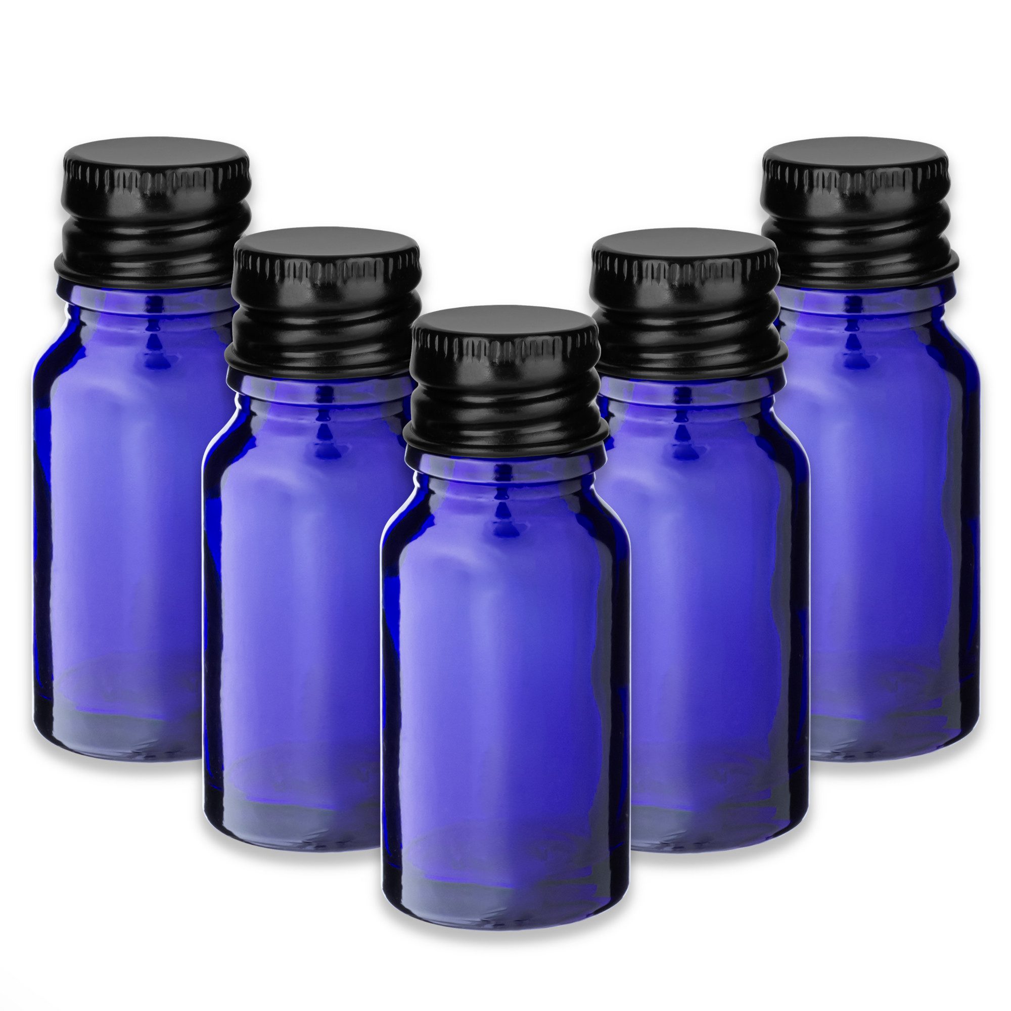 CK Verpackung GmbH Leerglas 5x Blaue Glasflasche 10 ml mit schwarzem Aluminium Schraubverschluss