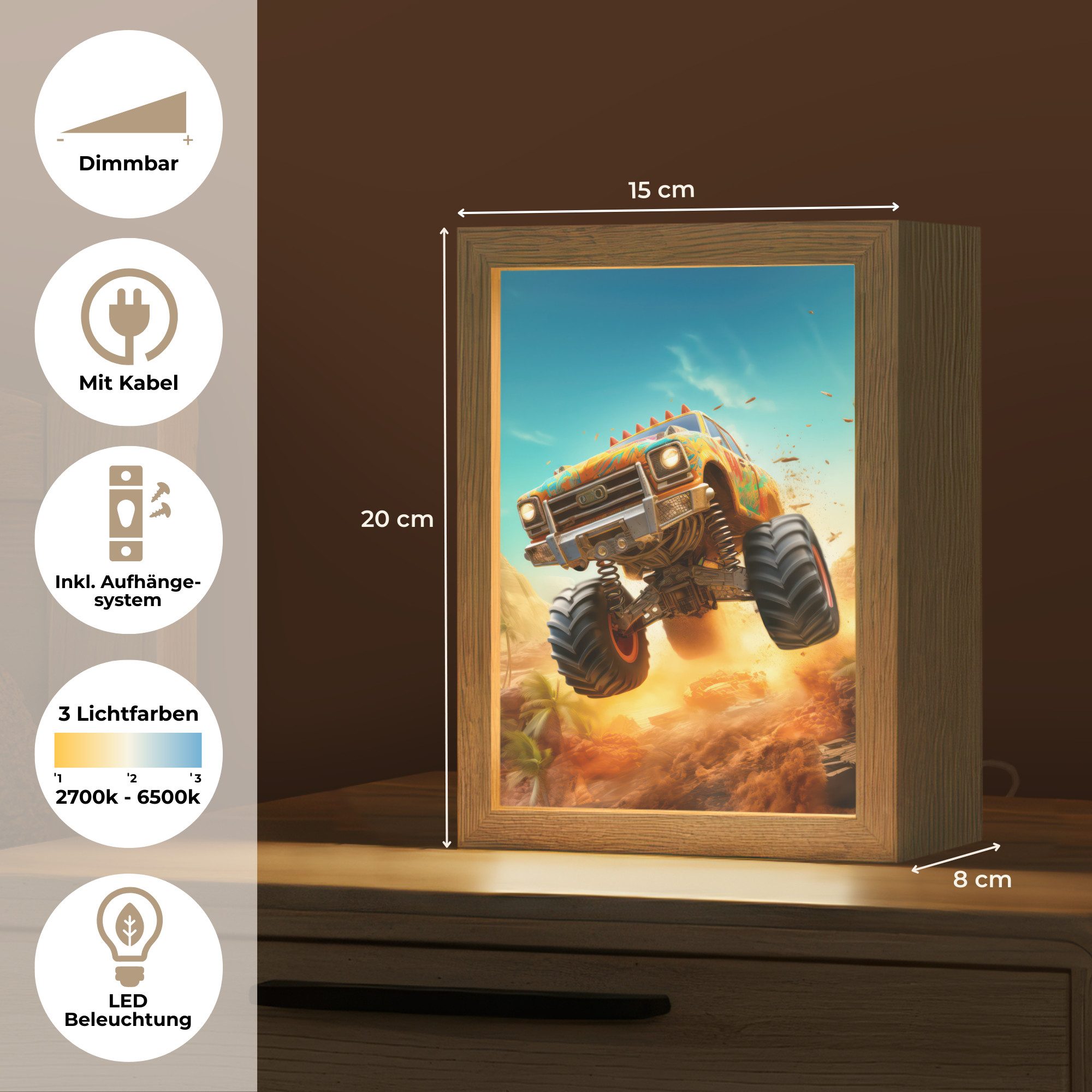 OnlyWow Nachttischlampe Lightbox Monstertruck - Kind - Junge - Auto - Jungen, Dimmbar, Farbwechsel, LED, Warmweiß, Kaltweiß, Neutralweiß Einstellbar, Kinderzimmer, Babyzimmer, Dimmbar, mit Kabel, Nachtlampe, LED