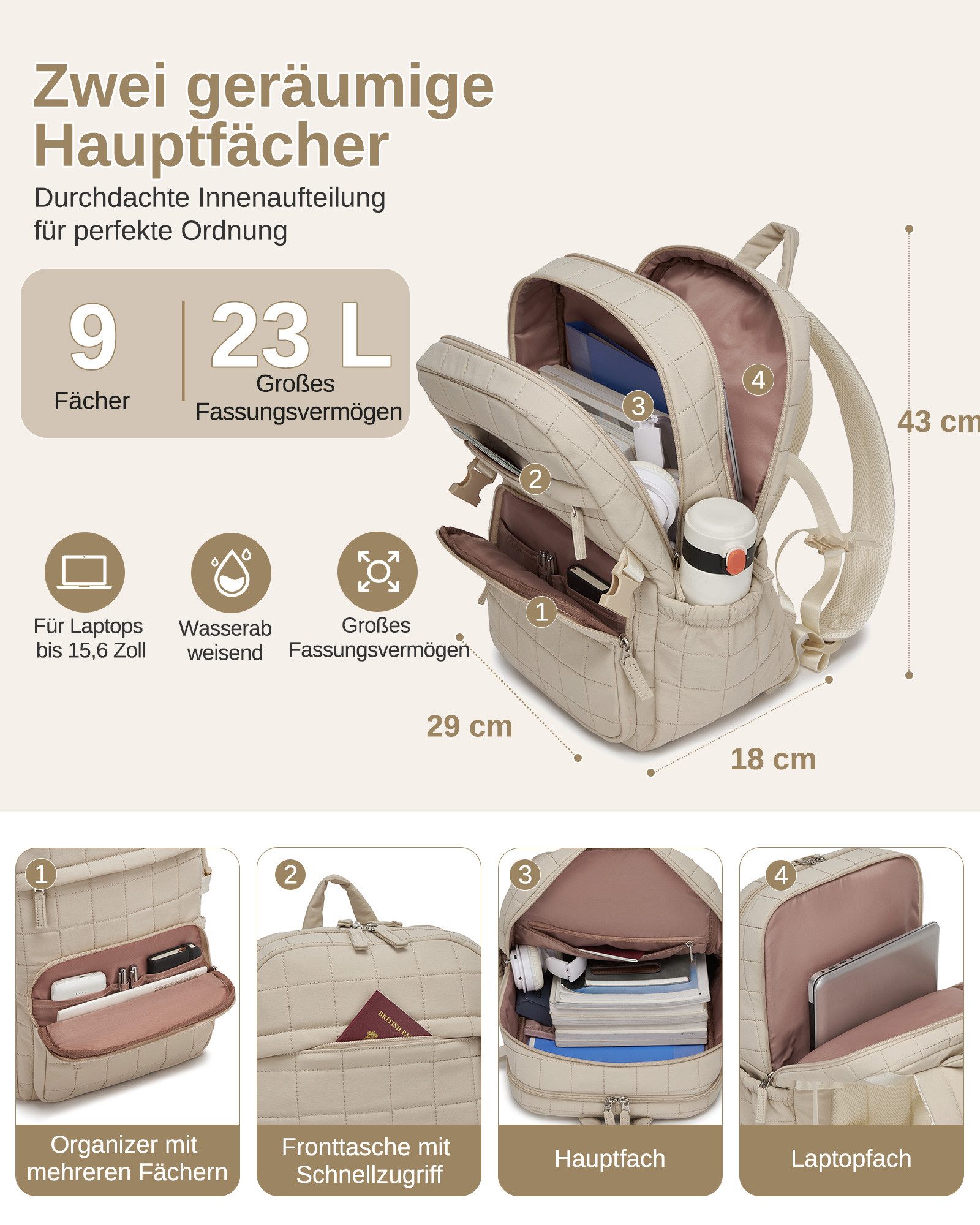 Miss Lulu Rucksack Damen 23 L mit Laptopfach, wasserabweisender leichter Daypack – Bild 2 von 5
