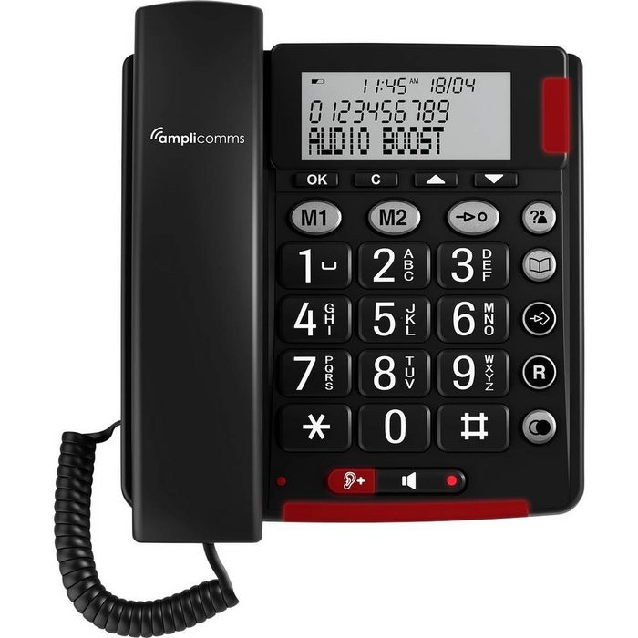 Amplicomms Schnurgebundenes Seniorentelefon für Hörgeräte Seniorentelefon (Freisprechen für Hörgeräte kompatibel Wahlwiederholung)