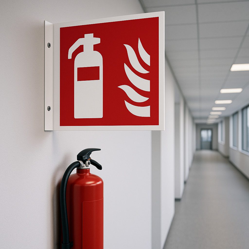 FireMat Hinweisschild Fahnenschild Brandschutzzeichen Feuerlöscher, ISO 7010 nachleuchtend, Lang nachleuchtend nach DIN 67510