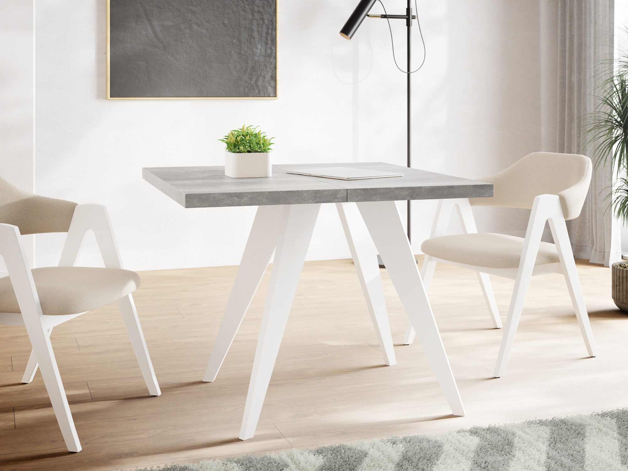 WFL GROUP Esstisch Quadro ausziehbar quadratisch loft mit weißen Holzbeinen (MADE IN EU, erhältlich in zwei Größen – 100/100 cm, ausziehbar auf 150/200 cm), platzsparender Tisch für kleine Küche, Esszimmer oder Wohnzimmer