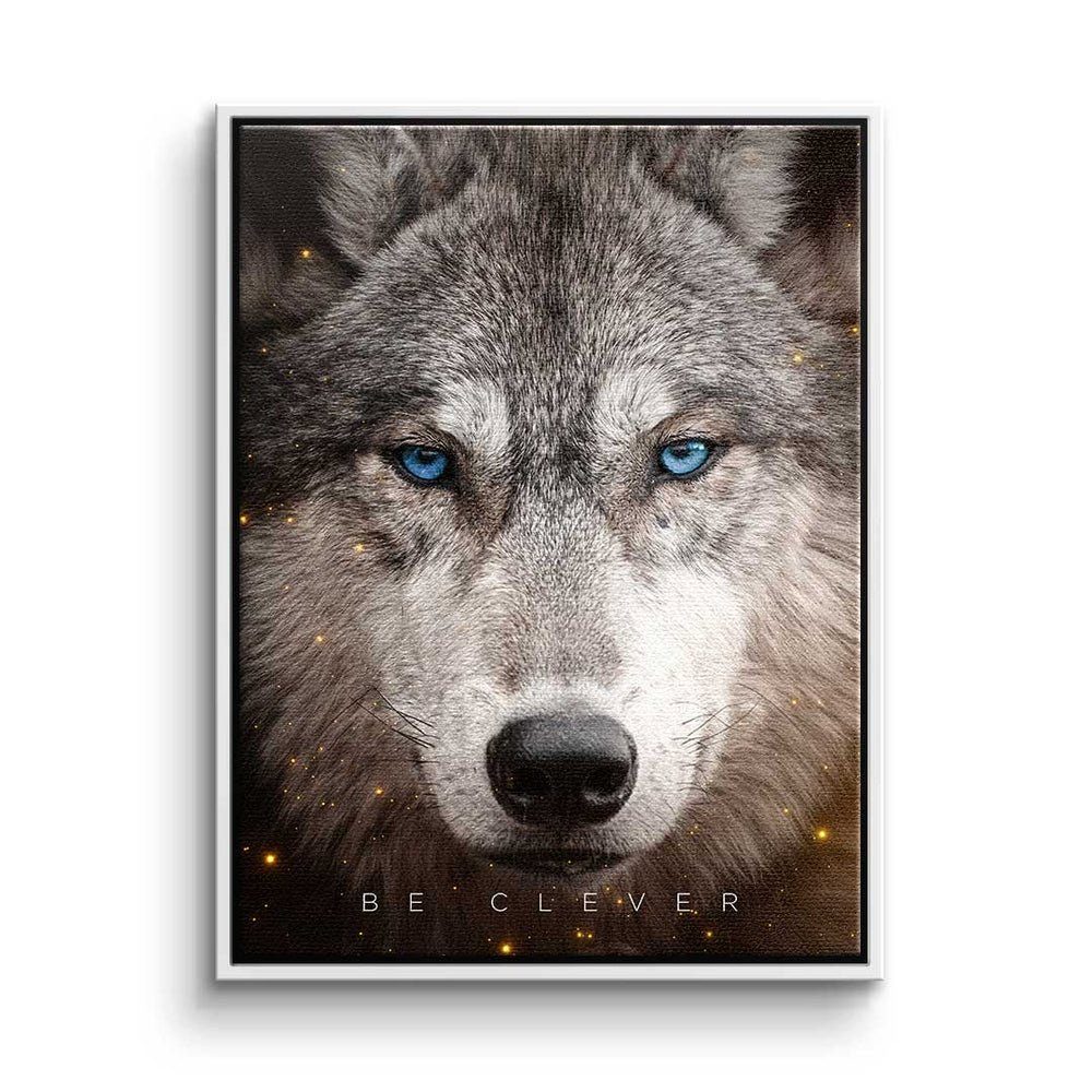 DOTCOMCANVAS® Leinwandbild, Leinwandbild Clever Face Wolf Motivation be clever mit premium Rahmen weißer Rahmen | Leinwandbilder