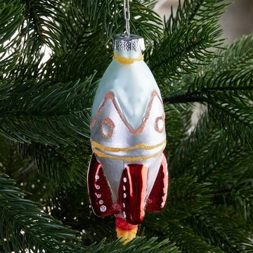 BRUBAKER Weihnachtsbaumkugel Rakete Weihnachtskugel aus Glas - Handbemalt - Raketenstart (1 St), Christbaumschmuck Lustig - Christbaumkugel Figur