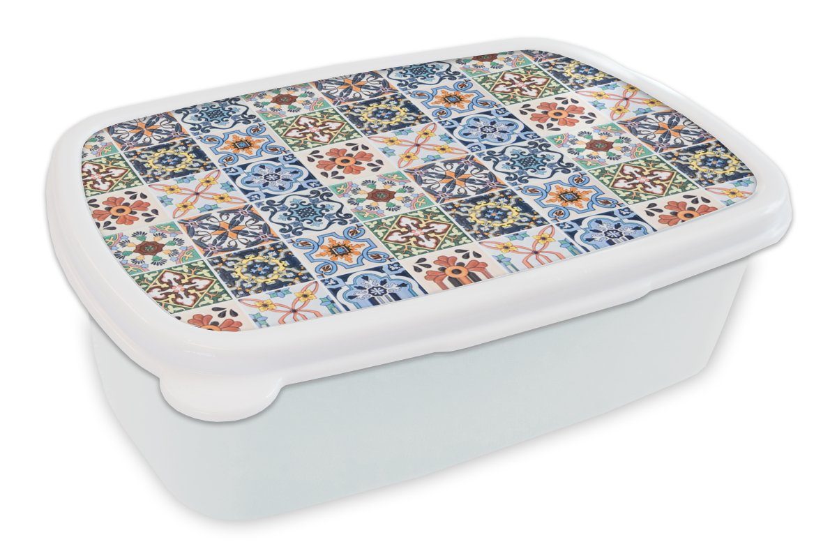MuchoWow Lunchbox Design - Blumen - Orange - Blau - Abstrakt, Kunststoff, (2-tlg), Brotbox für Kinder und Erwachsene, Brotdose, für Jungs und Mädchen weiß