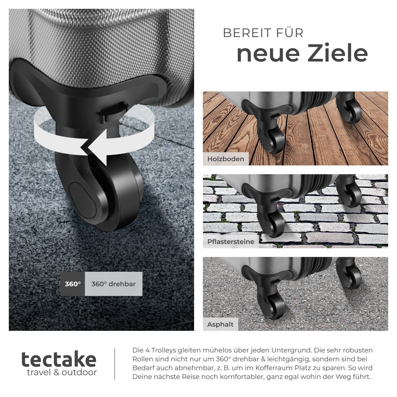 tectake Trolley Hartschalenkoffer-Set aus robustem ABS-Kunststoff, TSA-Zahlenschloss, 4 Rollen, mit Teleskopgriff, 360° drehbare, abnehmbare Rollen, abteilbar