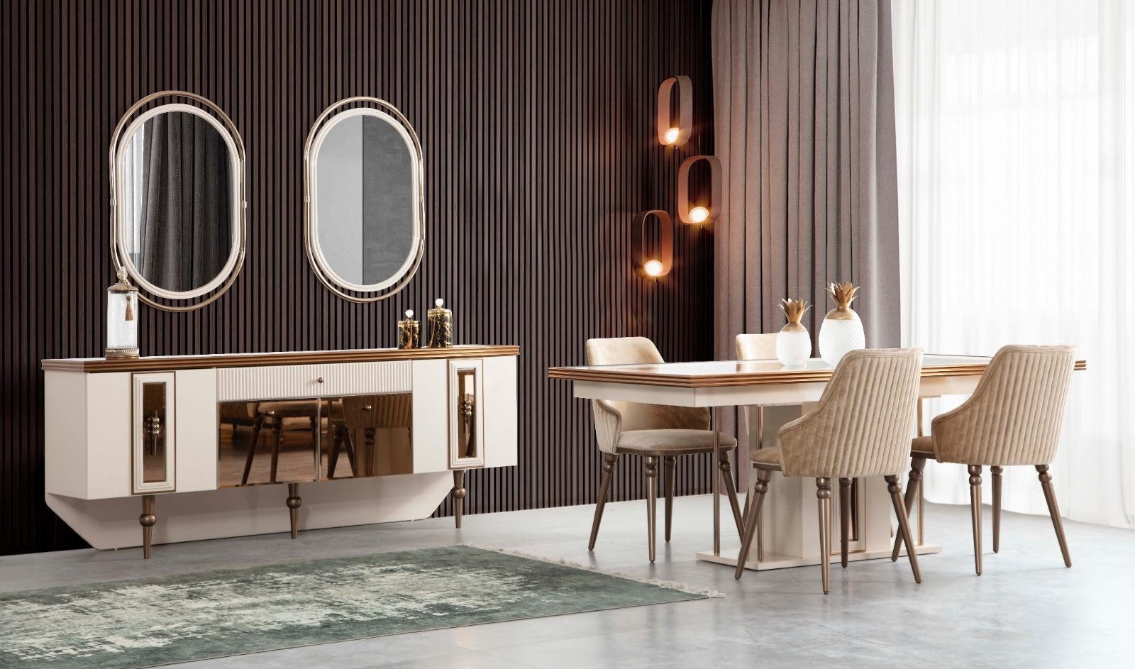 Xlmoebel Esstisch Beiger Esstisch mit Glasplatte und Holzbeinen, elegantes Design (1-St., nur Esstisch ohne Stühle), Hergestellt in Europa