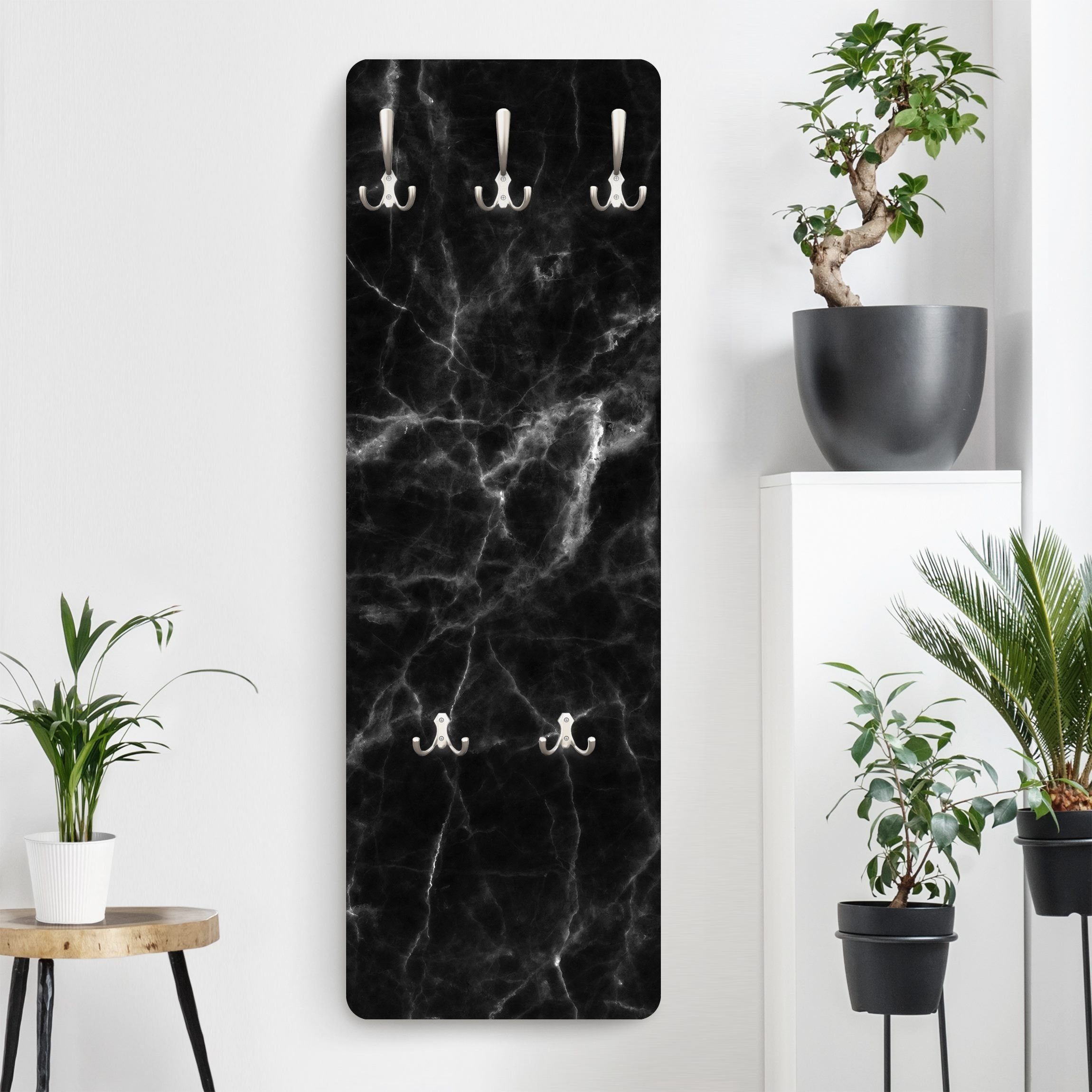 Bilderdepot24 Garderobenpaneel Design 3D-Optik Muster Steinoptik Nero Carrara (ausgefallenes Flur Wandpaneel mit Garderobenhaken Kleiderhaken hängend), moderne Wandgarderobe - Flurgarderobe im schmalen Hakenpaneel Design