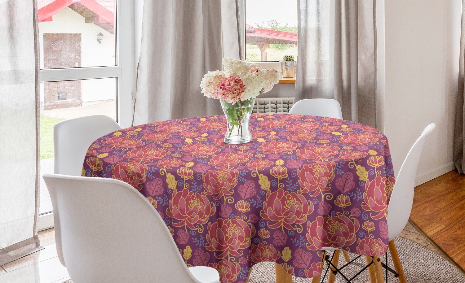 Abakuhaus Tischdecke Kreis Tischdecke Abdeckung für Esszimmer Küche Dekoration, Blumenweinlese Blumen und Strudel