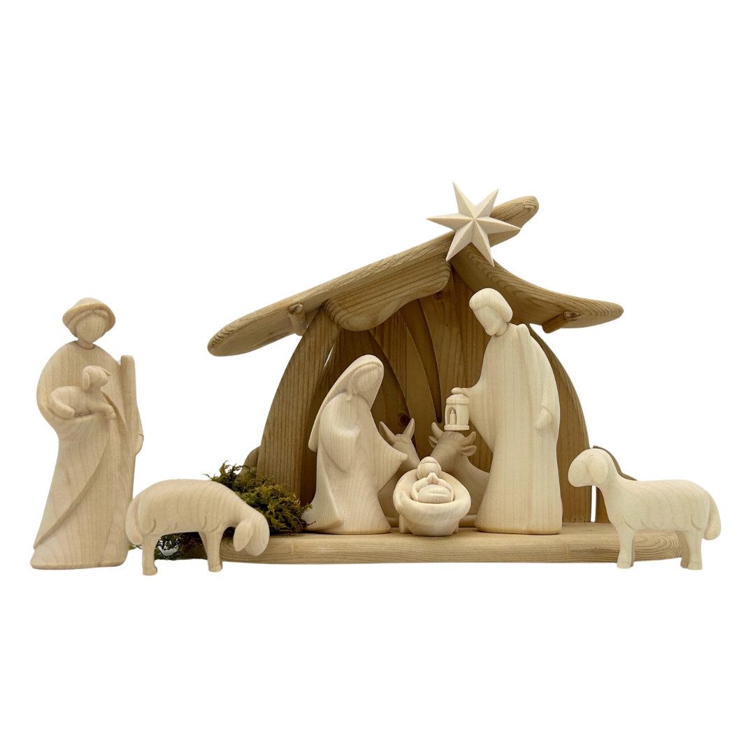 Akantus Krippe Weihnachtskrippe aus Holz: 8-teiliges Set (natur) mit Familienstall, holzgeschnitzt, Ahornholz, Made in Südtirol