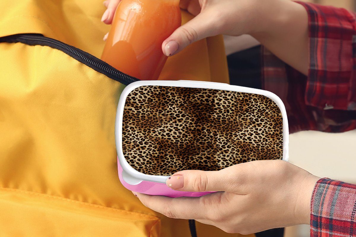 MuchoWow Lunchbox - Mädchen, Brotdose Snackbox, (2-tlg), - Kunststoff Leopard Tiere, Kinder, Erwachsene, Brotbox Muster rosa für Kunststoff