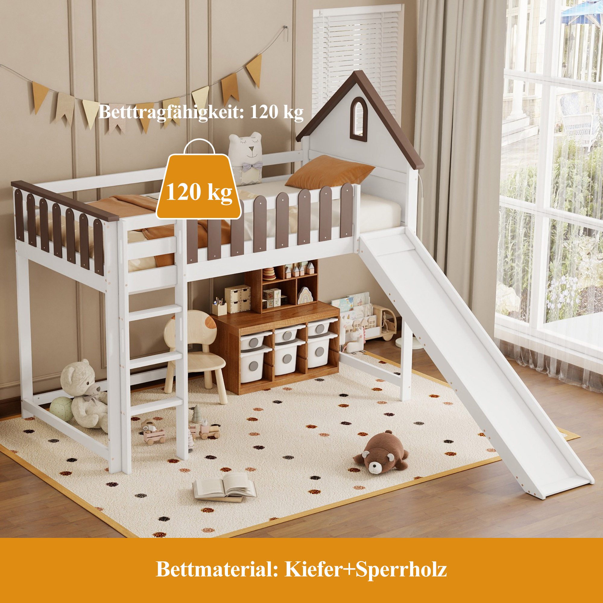 Merax loft bed (pine wood bed, bunk bed with roof and window) children's bed 90x200cm with slide and three-step ladder, house design