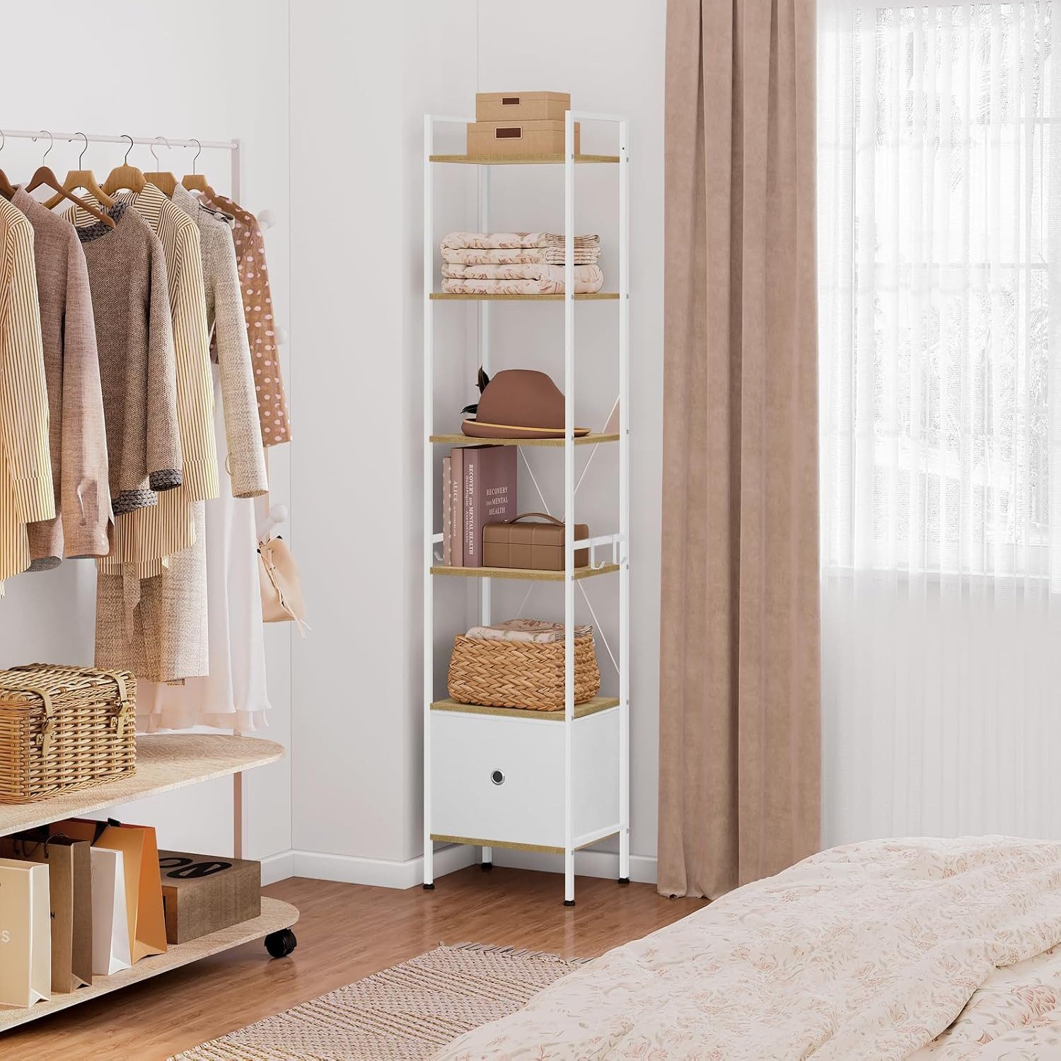 Woltu Standregal, mit 5 Ablagen 2 Schubladen, 63x187x30 cm, mit Metallrahme günstig online kaufen