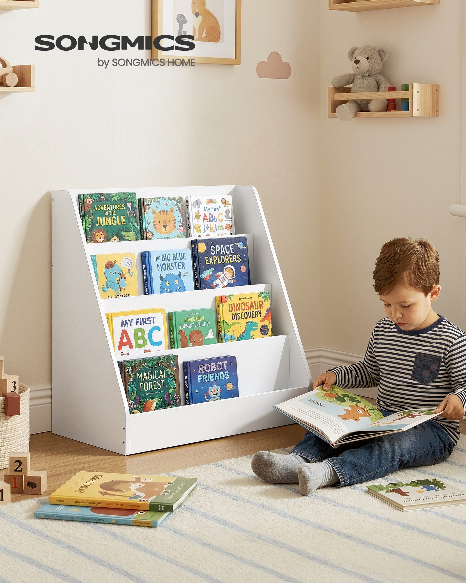 SONGMICS Spielzeugtruhe Kinderregal, Bücherregal, Spiegelregal, Spielzeugregal, Montessori Regal mit 4 Ebenen, 30 x 60 x 60 cm