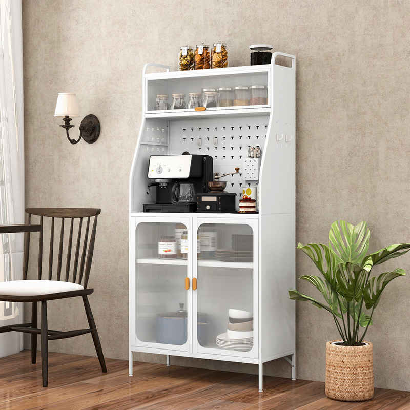 COSTWAY Küchenbuffet Schrank mit Steckbrett, Haken & verstellbarem Regal Weiß