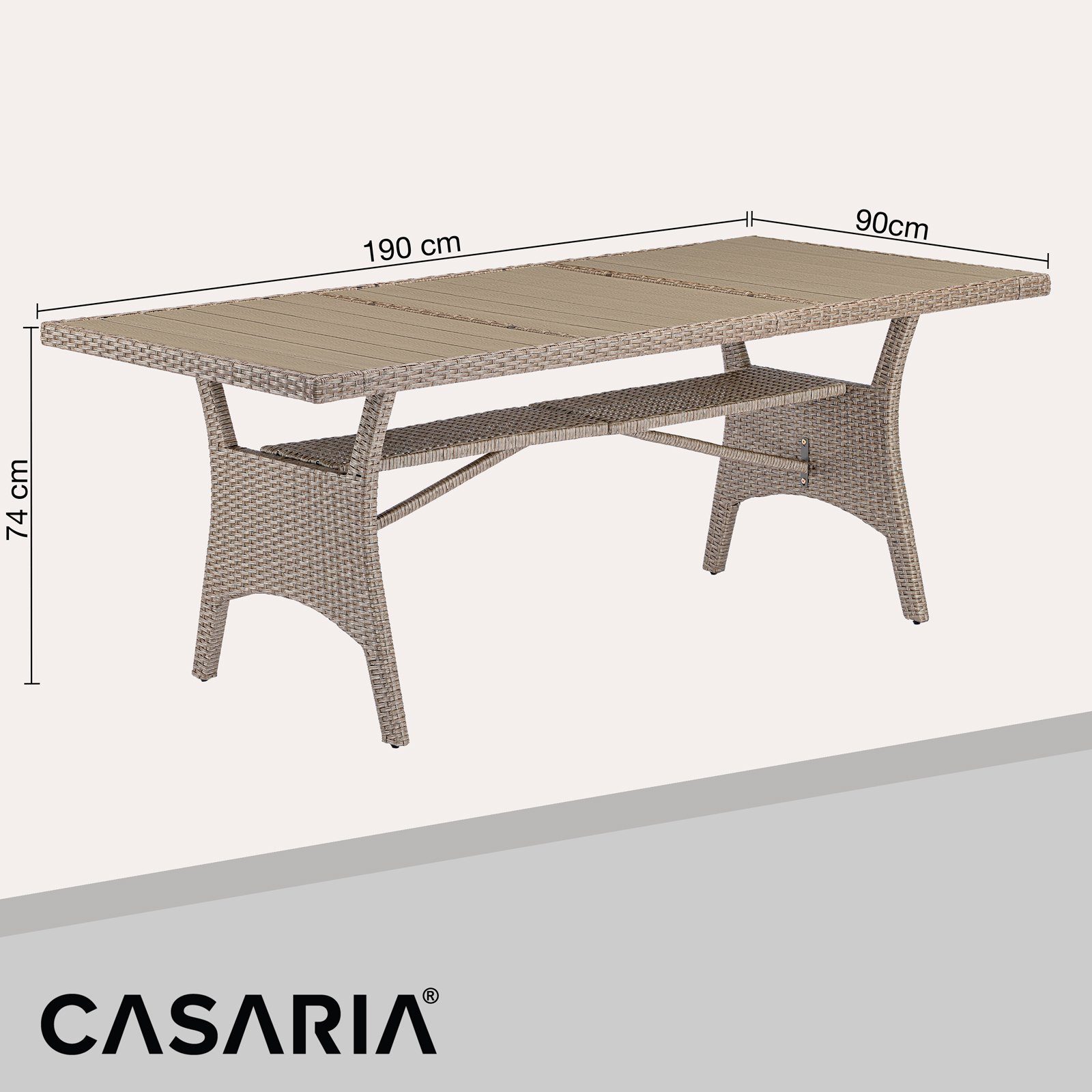 Höhenverstellbar (1-St), 190x90x74cm Gartentisch Casaria mit Beige Ablage WPC-Tischplatte Polyrattan