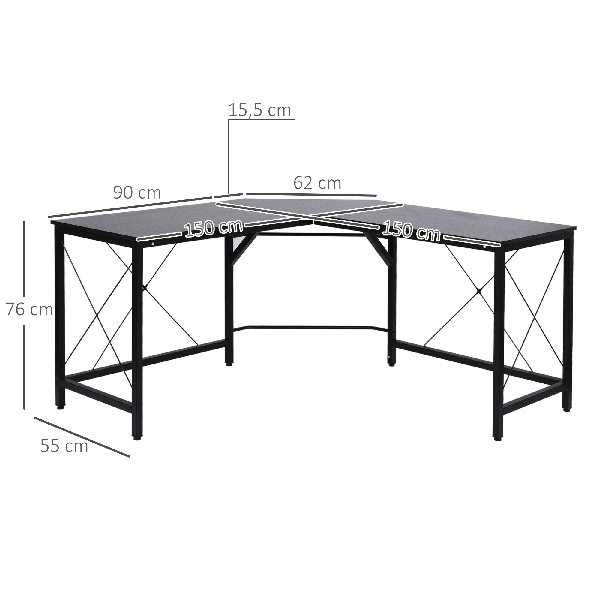 HOMCOM Eckschreibtisch Computertisch Schreibtisch L-Form Winkelschreibtisch (PC-Tisch, 1-St., Computetisch), MDF Schwarz 150 x 150 x 76 cm – Bild 3 von 5