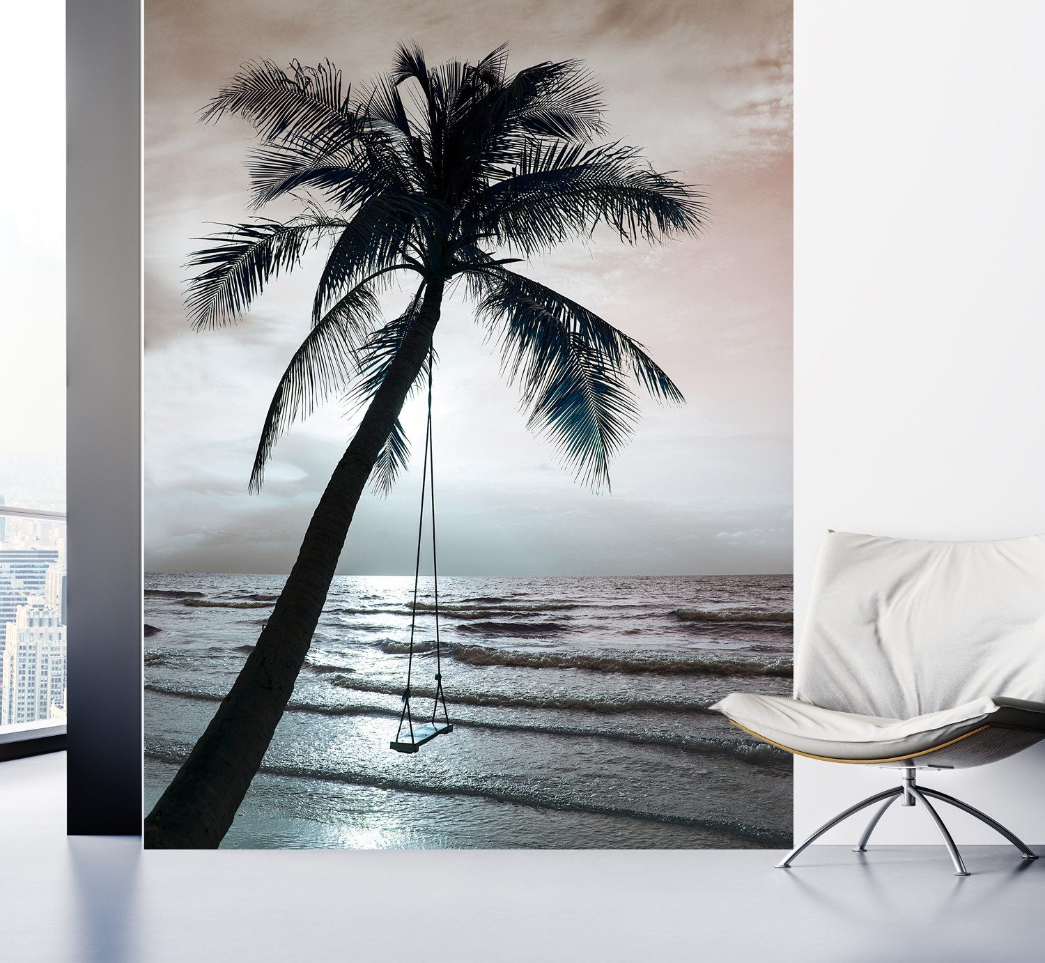 queence Fototapete Schaukel am Strand, glatt, Meer, Motiv, bedruckt, realistisch, (2 St), Wandpaneele, selbstklebend, Tapete, Sticker, Wanddeko, XXL-Fotomotiv