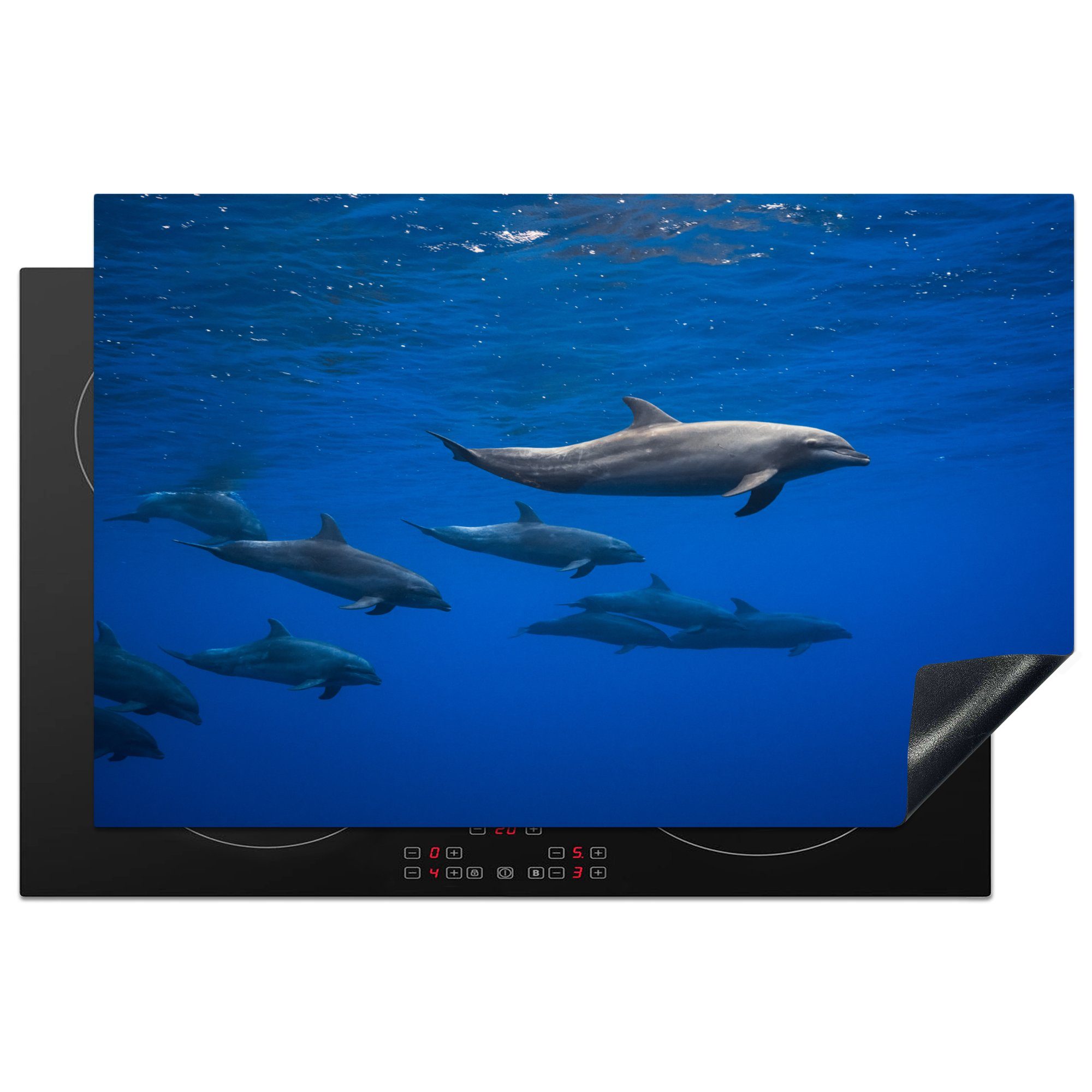 MuchoWow Herdblende-/Abdeckplatte Delfine Wasser Vinyl, küche, 81x52 cm, die (1 Induktionskochfeld Schutz - - für Blau, Ceranfeldabdeckung tlg)
