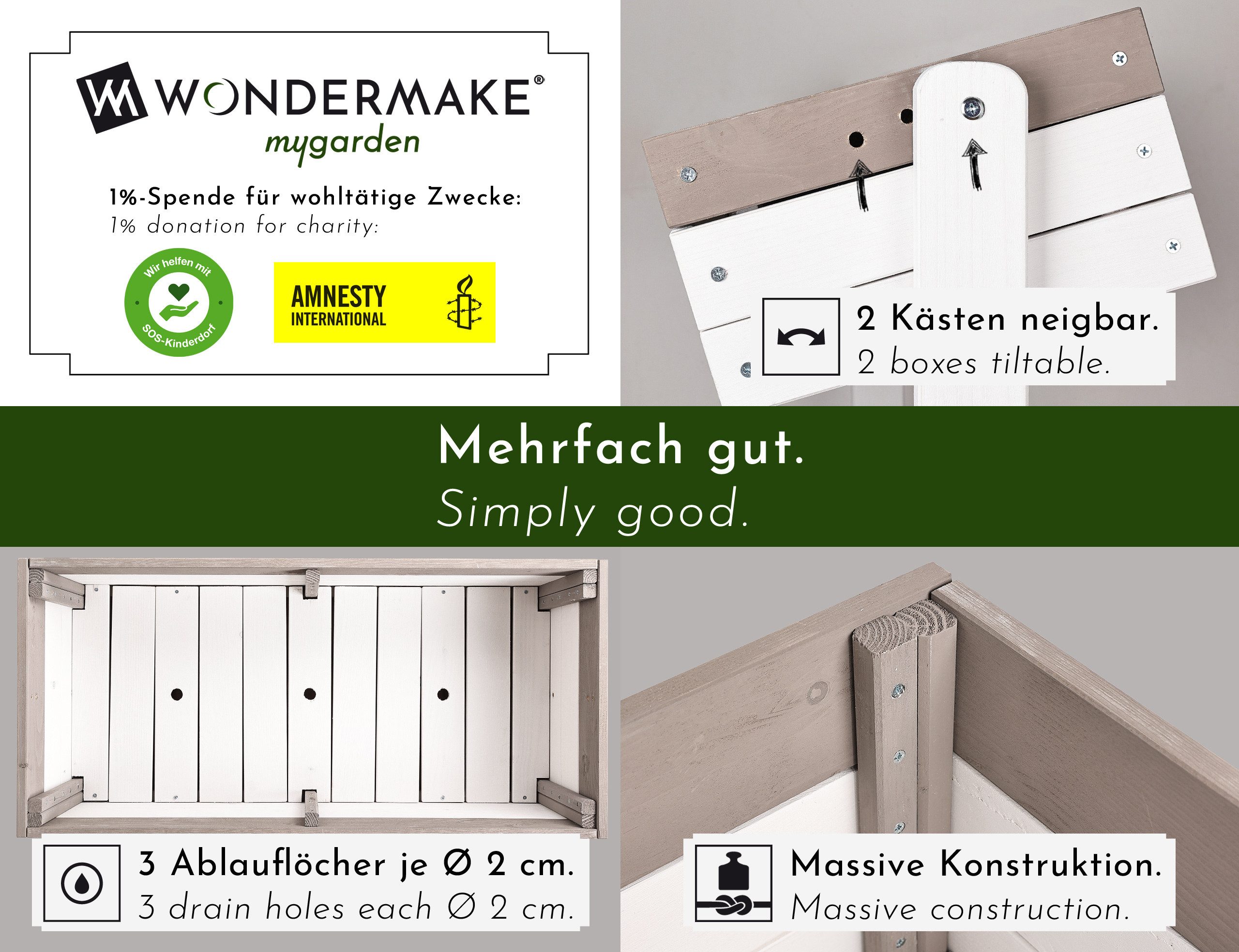 WONDERMAKE Hochbeet vertikal, großes Vertikalbeet mit Etagen aus Holz Outdoor Balkon Wand, stehend, XL Kästen Cube Kräuter Erdbeeren Garten weiß grau anthrazit