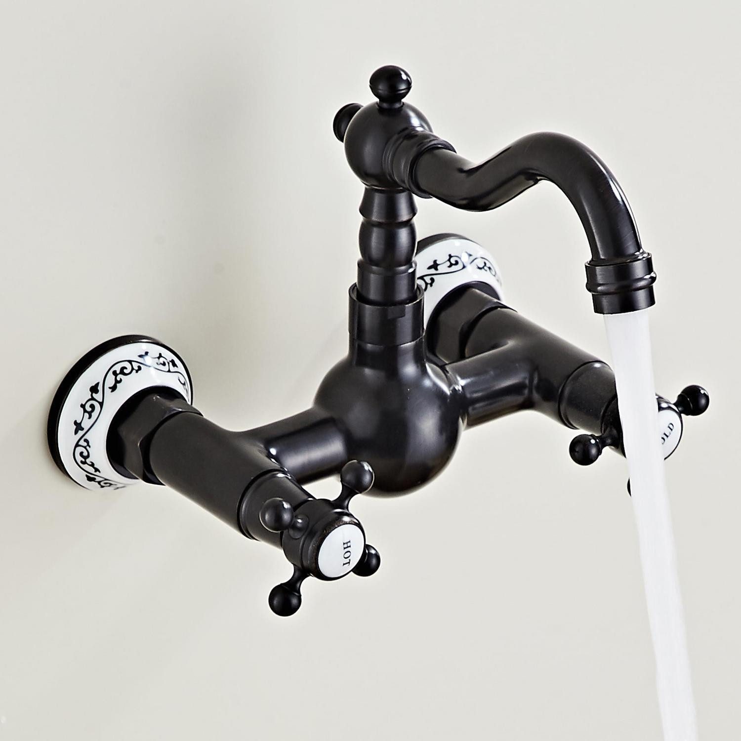 LuxusKollektion Küchenarmatur Küchenarmatur Wandmontage 2 Loch Messing Keramikkartusche Schwarz