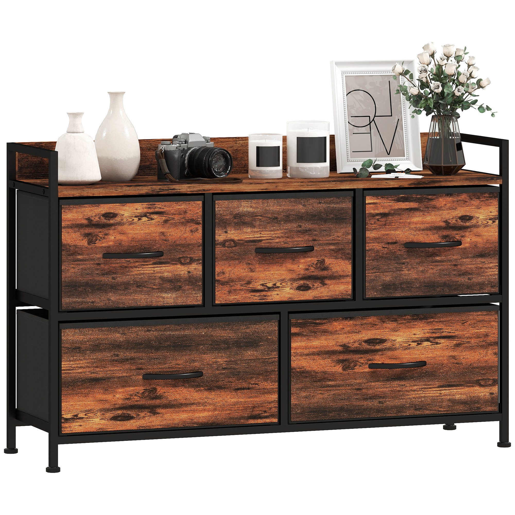 HOMCOM Kommode Aufbewahrungsschrank mit Griffen, Stahlrahmen (Schubladenschrank, 1 St., Kommodenschrank), für Schlafzimmer, Wohnzimmer, Rustikal-Braun