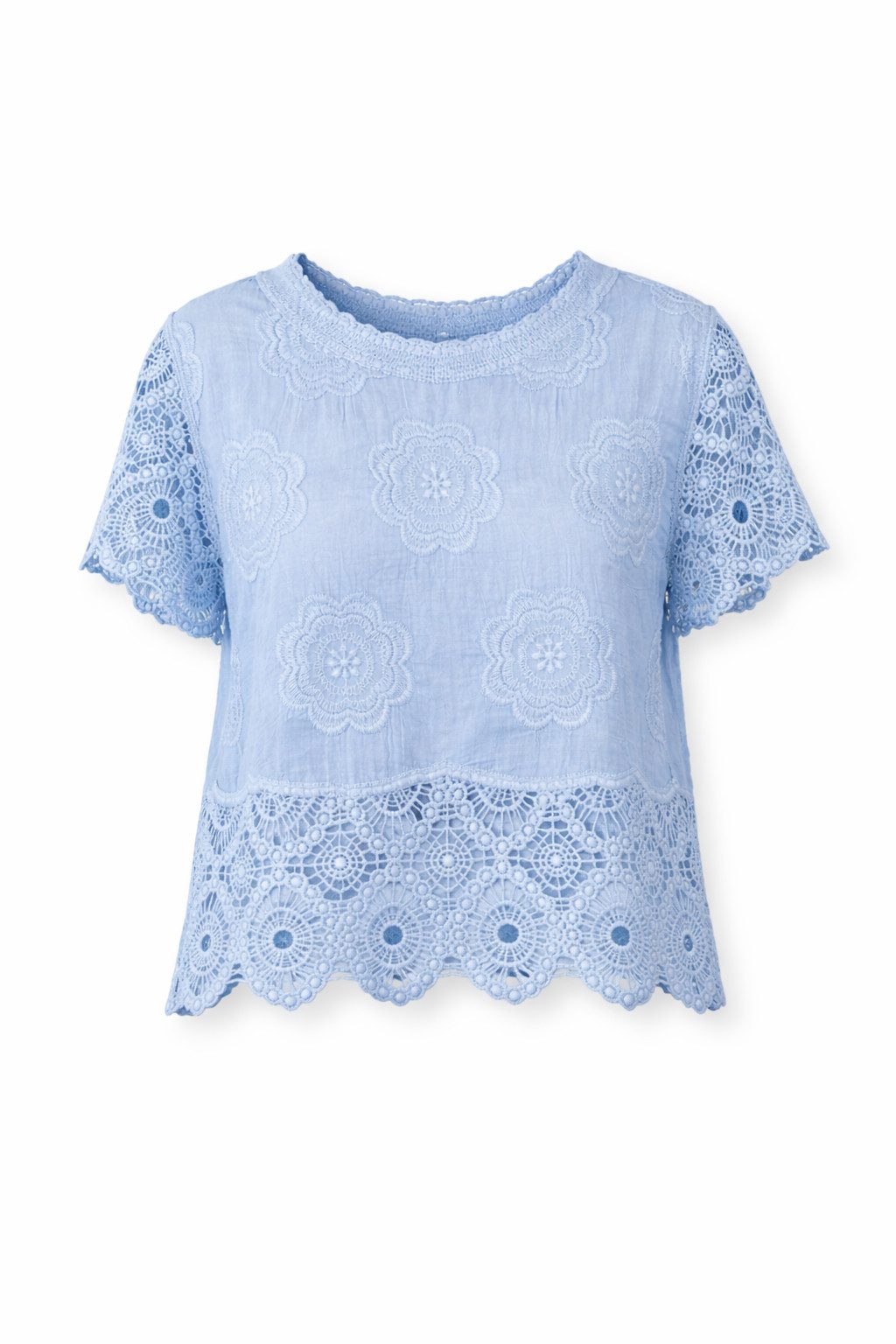 ITALY VIBES Spitzenbluse - Häkelbluse - hellblaue Bluse - Shirtbluse - Kurzarm - ITALY VIBES ONE SIZE - passend für Größen XS - L