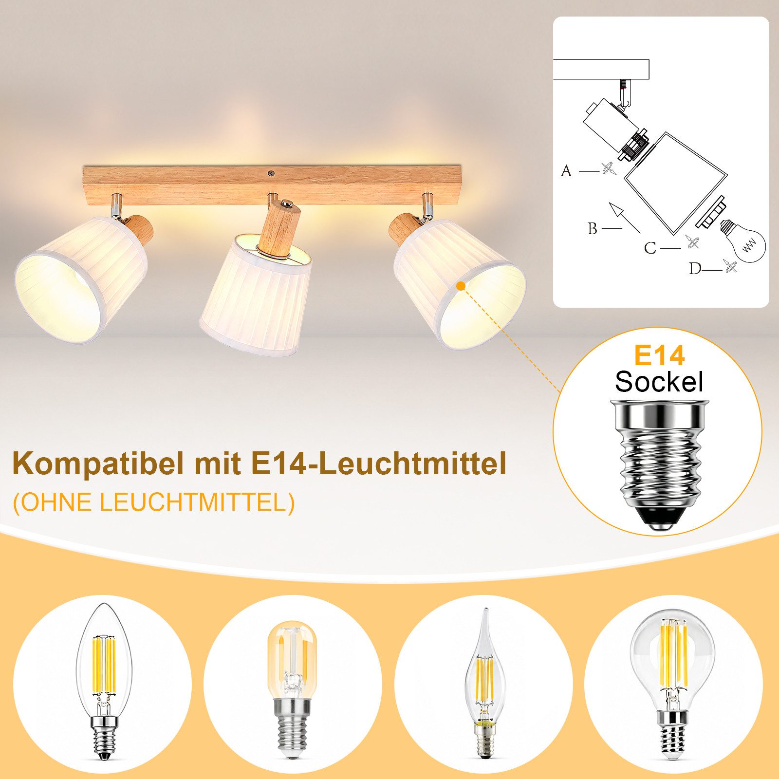 Nettlife Deckenstrahler Retro 1/2/3/4Flammig Holz Deckenleuchte E14 Vintage Boho Deckenspots, Schwenkbar 350°, ohne Leuchtmittel, für Wohnzimmer Schlafzimmer Kü – Bild 5 von 5