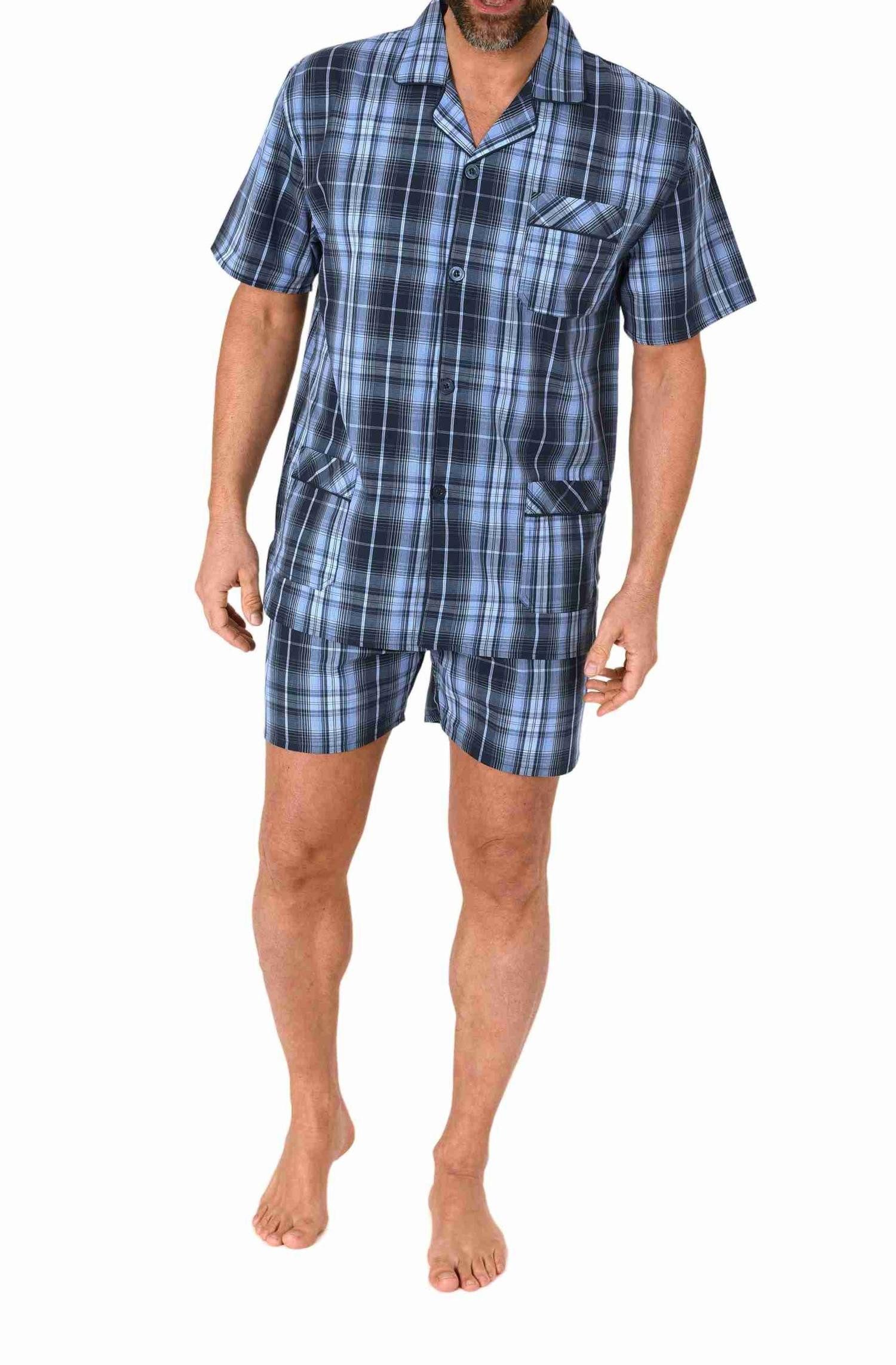 Pyjama Herren kurzarm Schlafanzug Shorty Pyjama gewebt mit Knopfleiste