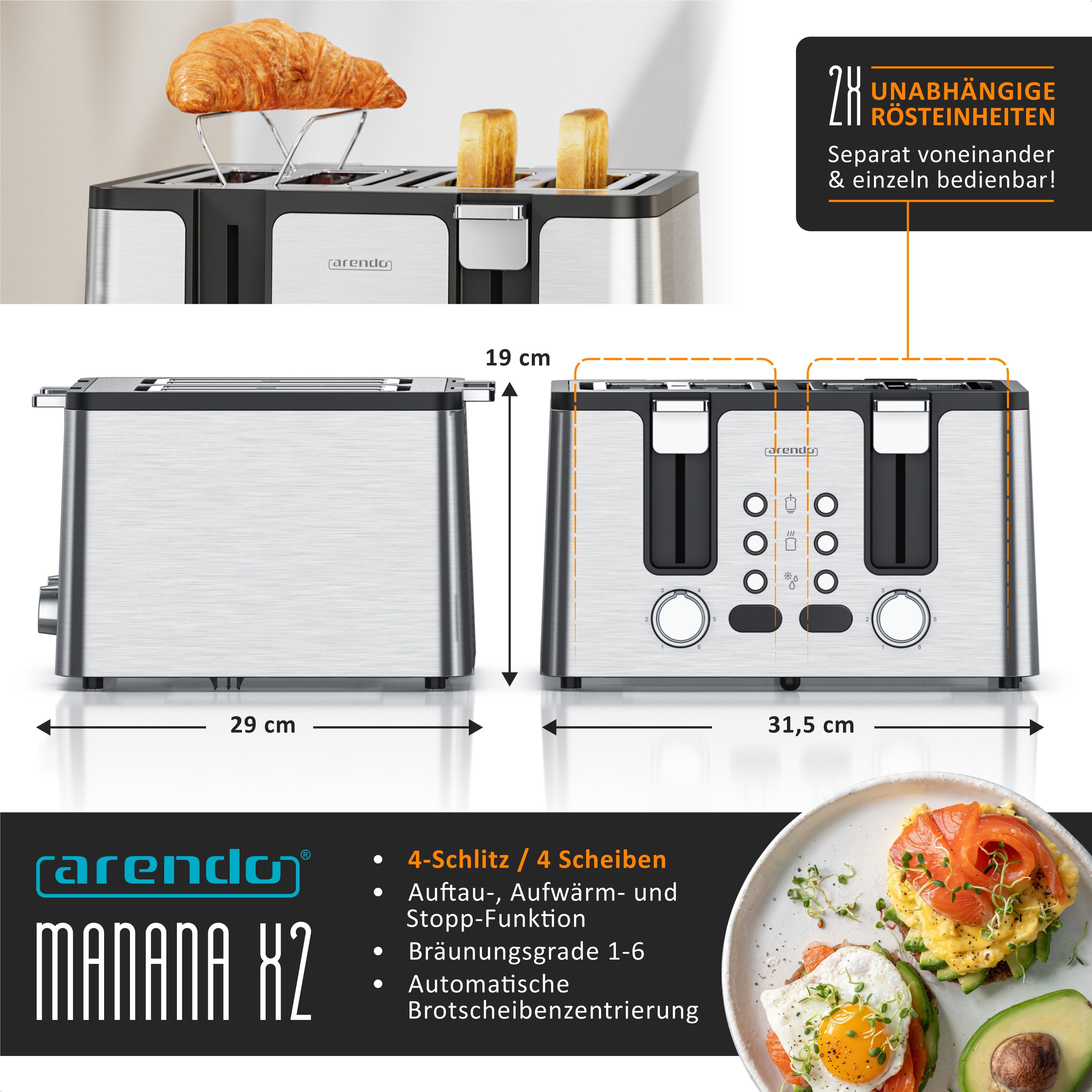 Arendo Toaster Edelstahl, Brötchenaufsatz, Restzeitanzeige, Silber, 4 kurze Schlitze, für 4 Scheiben, 1750 W, Doppelwandgehäuse, Defrost Funktion, Krümelschublade, 6 Bräunungsgrade