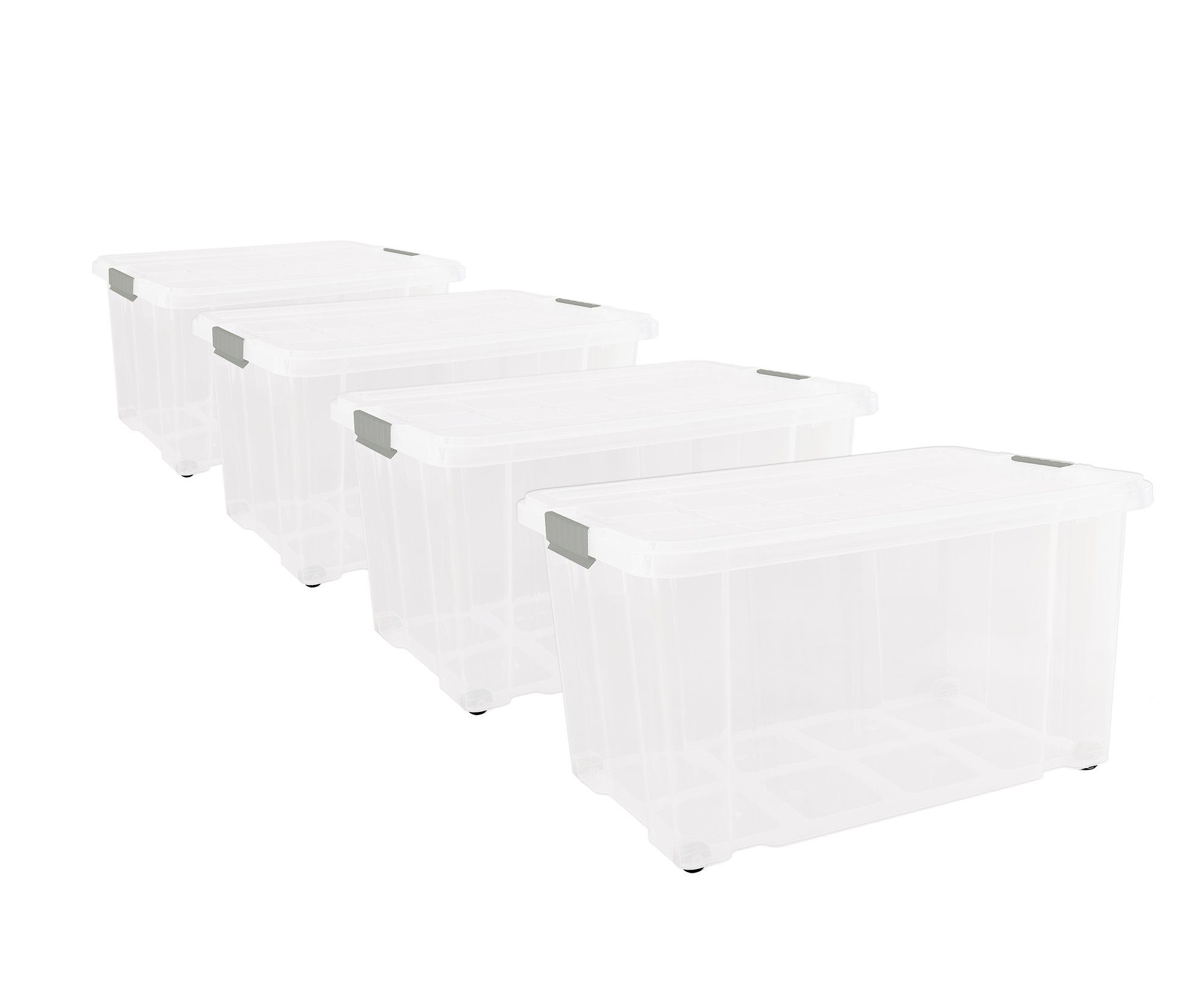 BigDean Aufbewahrungsbox 4 Stück Eurobox mit Deckel und Rollen 60 X 40 X 32,5 cm transparent (Set, 4 St., Aufbewahrungsbox mit Deckel), Stapelbar, Nestbar, Wasserdicht, Griffverschlüsse